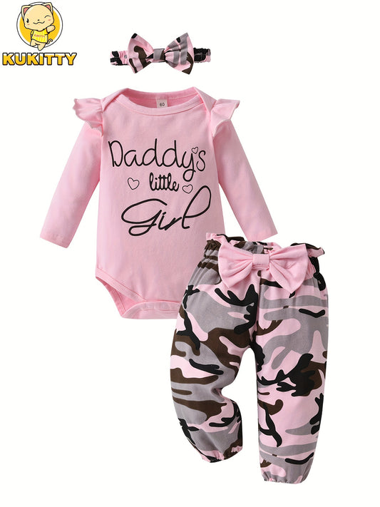 KuKitty Baby Girl Clothes Long Sleeve Ruffle "Daddy's Little Girl" Tops + Camouflage Bow Pants + Headband Newborn Infant Girls Outfits Set