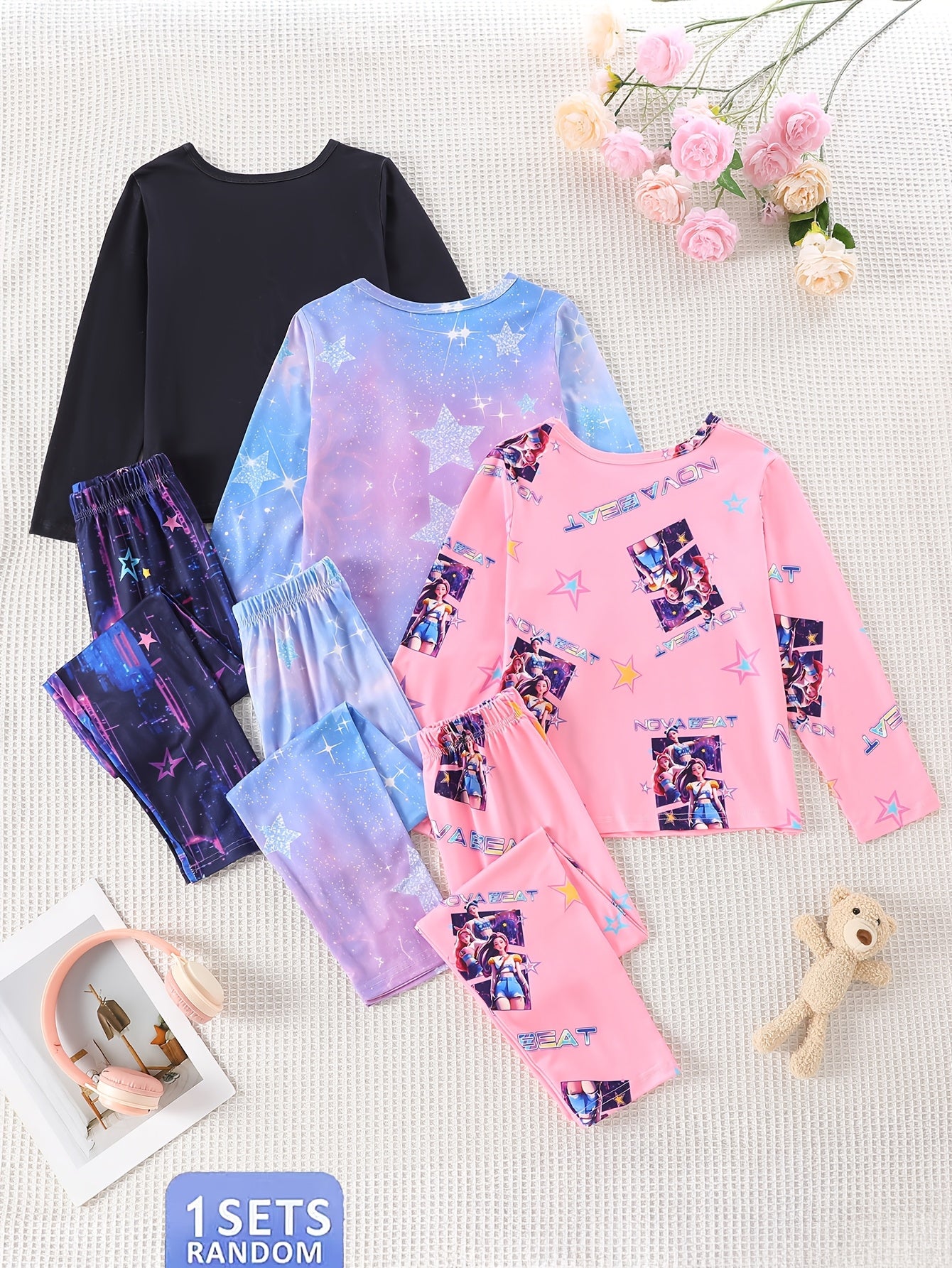 Girls Kpop Style Print Home Wear Set Crew Neck Short Sleeve T Shirt And Shorts