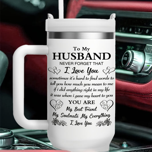 1pc 40oz Stainless Steel Vacuum Insulated Water Bottle with Handle - Double-Wall Thermal Cup, Leakproof Thermos for Hot/Cold Drinks, Wedding/Anniversary/Birthday Gift for Husband with Heartfelt Message - Keeps Beverages Hot/C