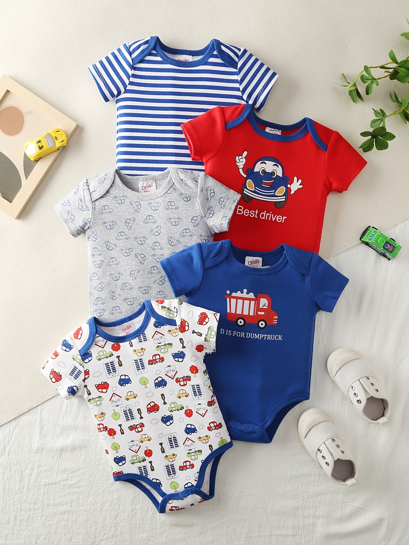 5 Piece Set Baby Girl Cartoon Triangle Onesie Crawling Suit All Season Cotton Machine Washable Cute Outdoor Wear
