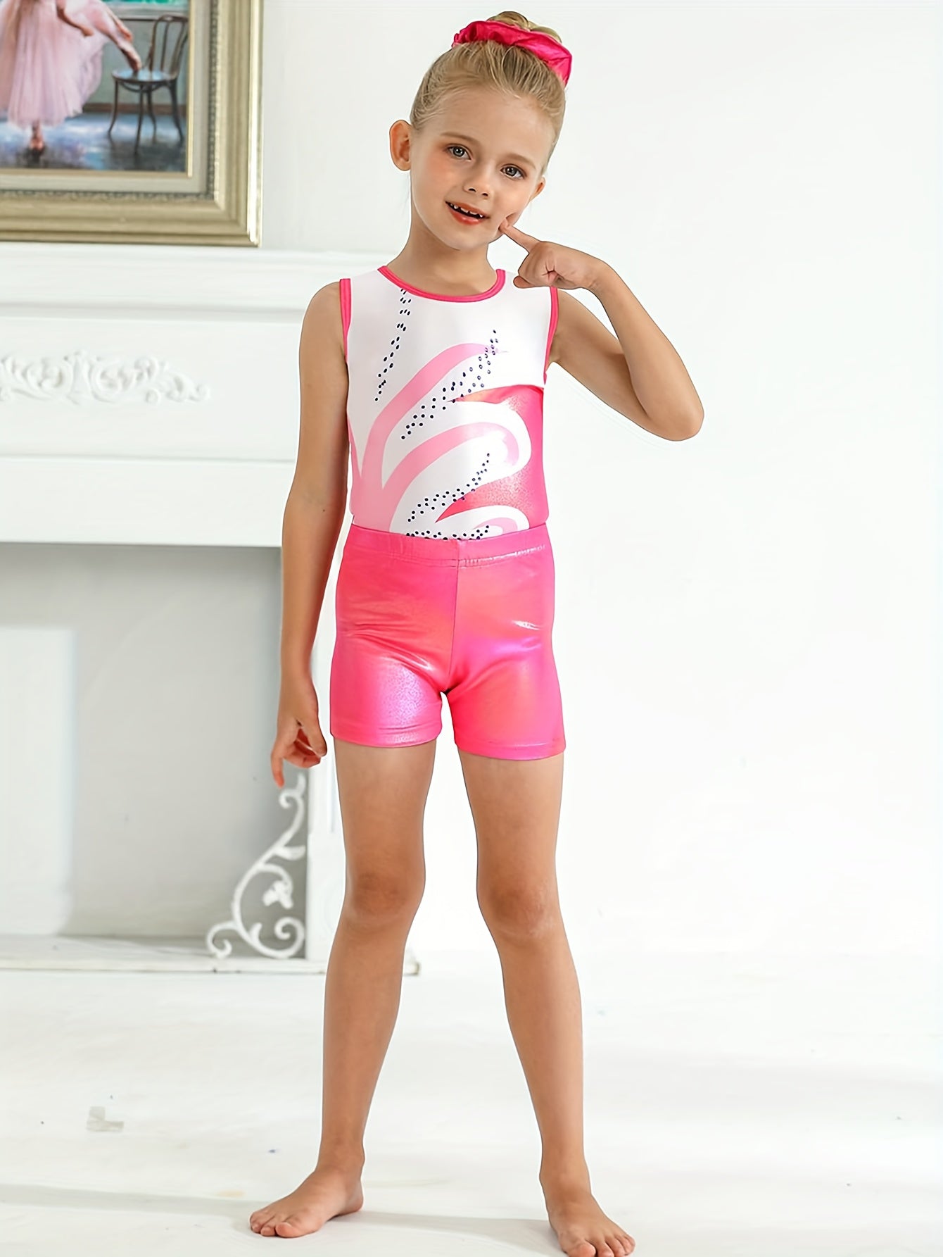 Girls' Sleeveless Gymnastics Leotard with Sparkling Blue & Purple Swirl Design + Light Blue Shorts & Hair Tie - Breathable Stretchy Fabric for Dance, Gymnastics, Christmas Parties, Gymnastics Attire, Sleek Fitted Design, Medi