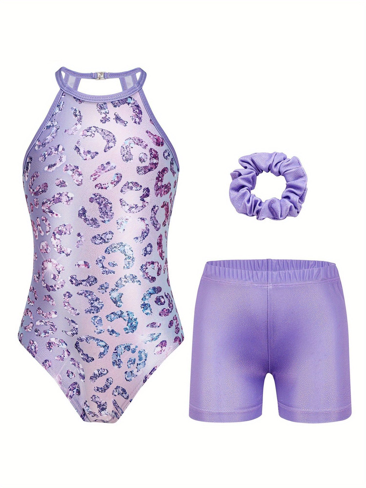 Girls Sparkly Sleeveless Gymnastics Leotards Set With Clasp Back Shorts