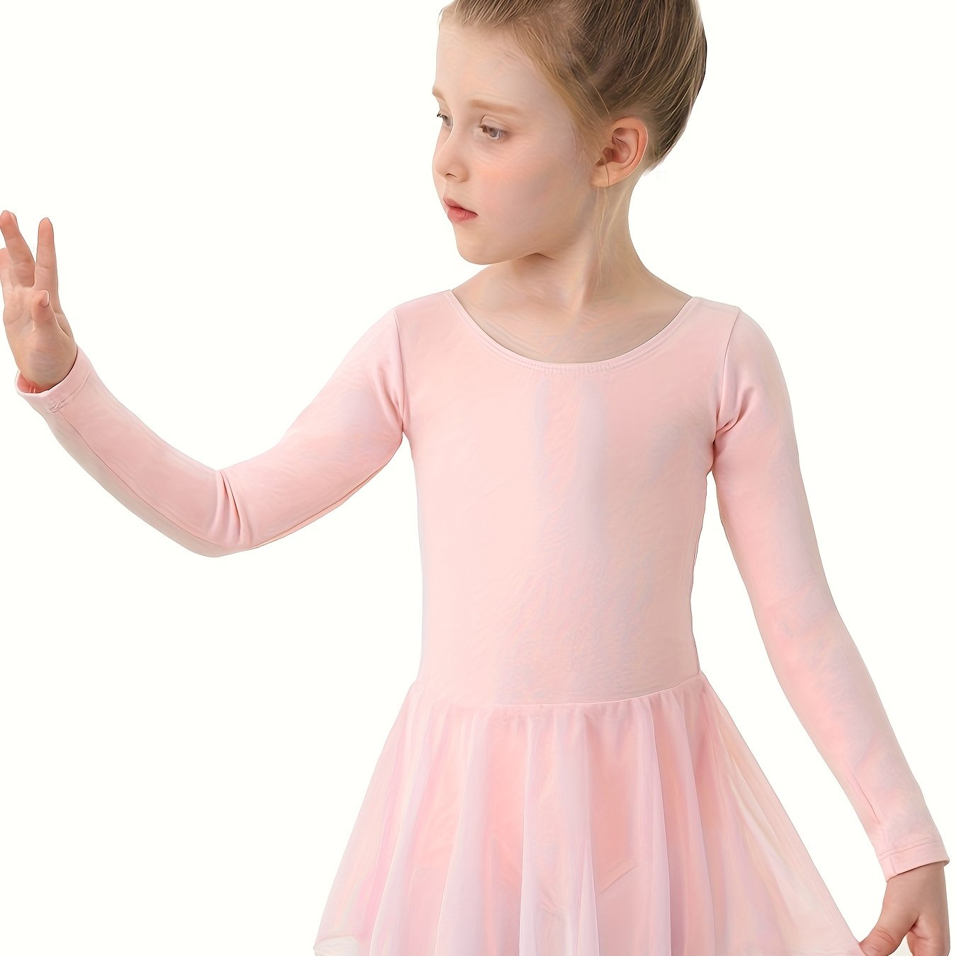 Christmas Gift Girls' Dance Dress - Long Sleeve Basic One-Piece Mesh Dress With High-Low Hem, Kids' Ballet Leotard Training Wear For Dance, Sports, Outdoor