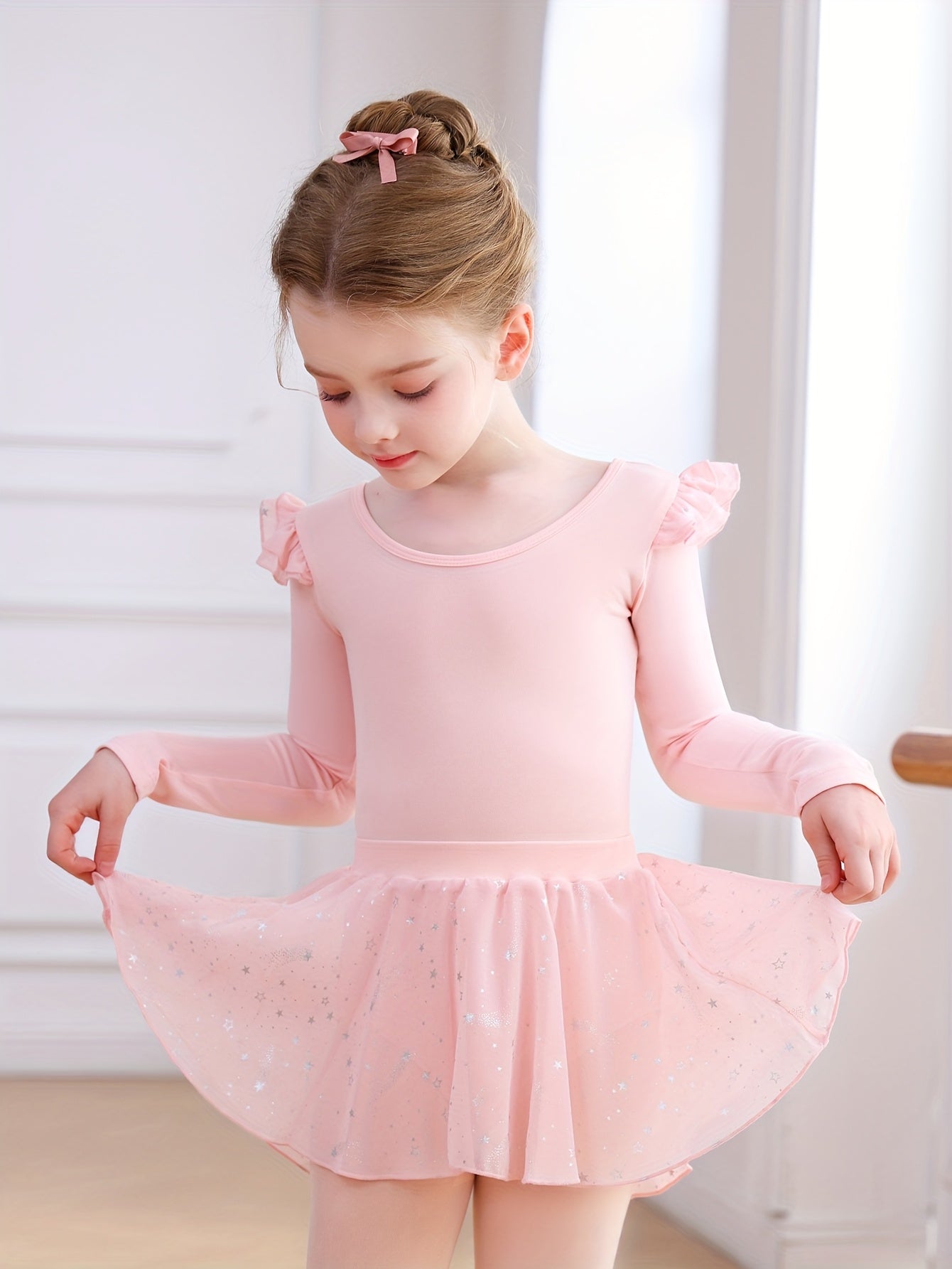 Christmas Gift Girls' Tight Bodysuit & Tulle Skirt Set - Detachable Long Sleeve Ruffle Crisscross Back Silvery Stars, Ballet Gymnastics Dance Outdoor Fall Clothing