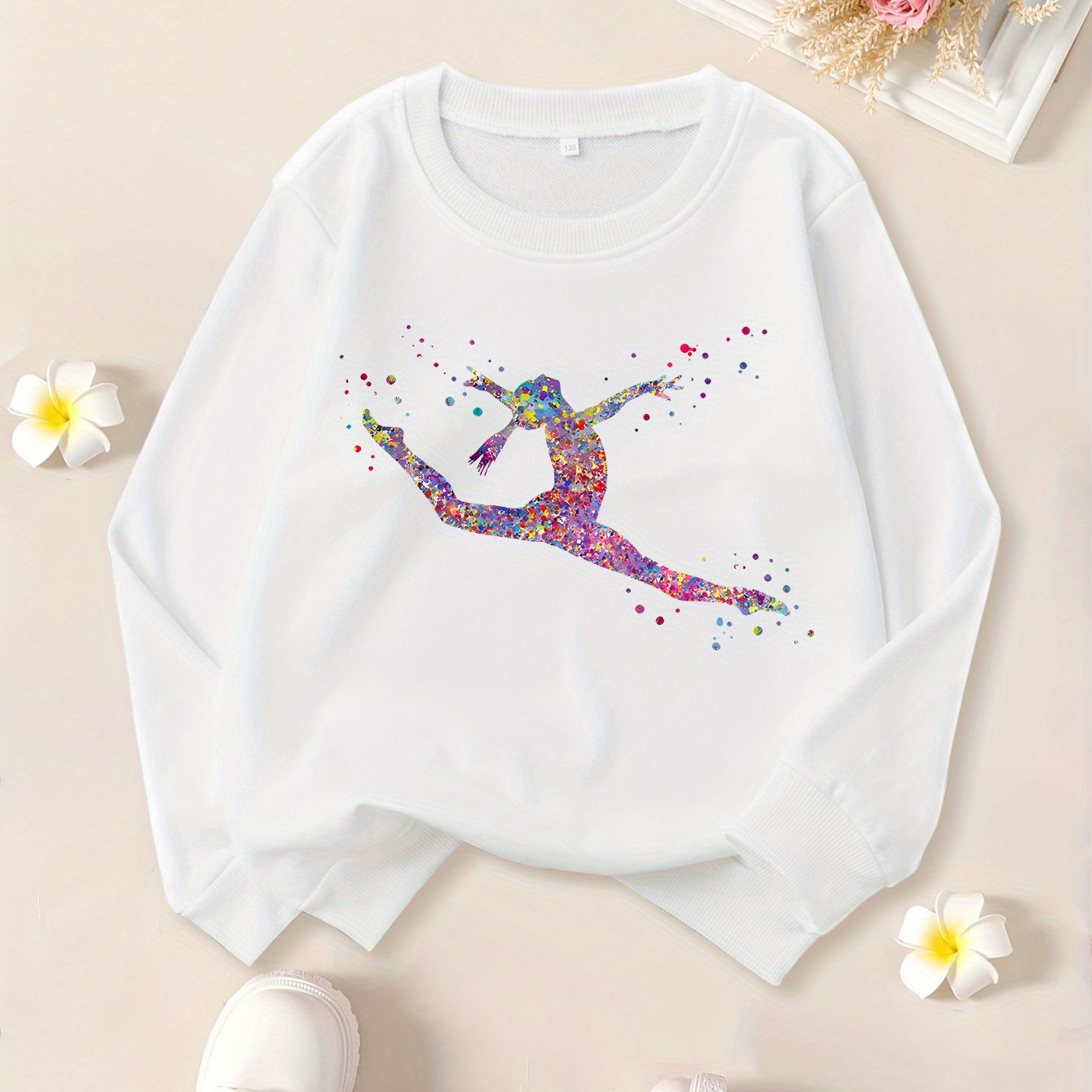 Girls' "Watercolor Gymnastics Girl" Graphic Print Sweatshirt - Black Long Sleeve Crew Neck Casual Top with Colorful Dancer Design, Perfect for Fall & Winter Wear, Gymnastics Apparel | Playful Graphic Sweatshirt | Comfortable