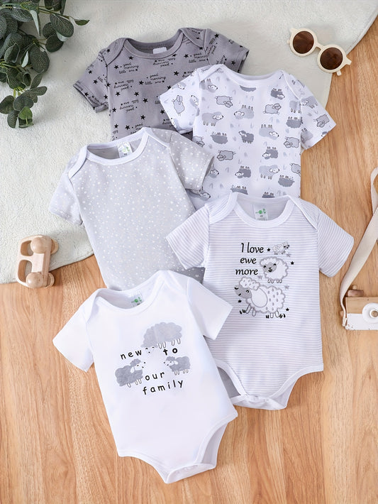5pcs Newborn Baby Girl Outfits - Soft Cotton Sheep Romper Suit with Short-Sleeve Bodysuit, Button Closure Crawling Jumpsuit | All-Season Girl Clothing (Machine Washable) for home Wear & Photo Shoots - Adorable Sheep  for, Per