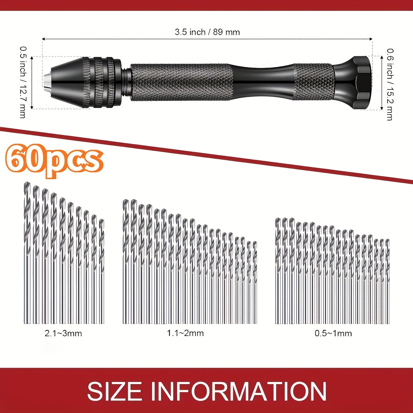 60Pcs Alloy Needle Vise Hand Drill Set With Mini Twist Drill Bits For Jewelry Crafts Woodworking