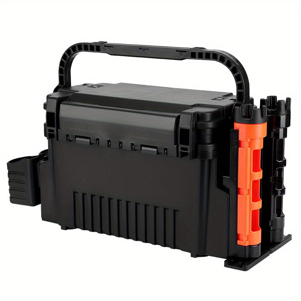 Two-Level Fishing Equipment Storage Box with Rod Support And Cup - 2.91 Gallon Spacious Fishing Gear Transport Case, Storage for Rods, Reels, And Accessories (Portable And Comprehensive)