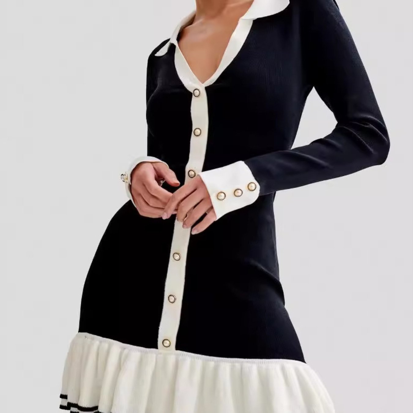 Socato ' Elegant Bow Tie -Neck Dress with Ruffle Trim & Pearl Buttons - Sleeve Pencil Gown for Weddings, Parties, Spring/Autumn Events - Solid Color Non-Stretch Dress for females