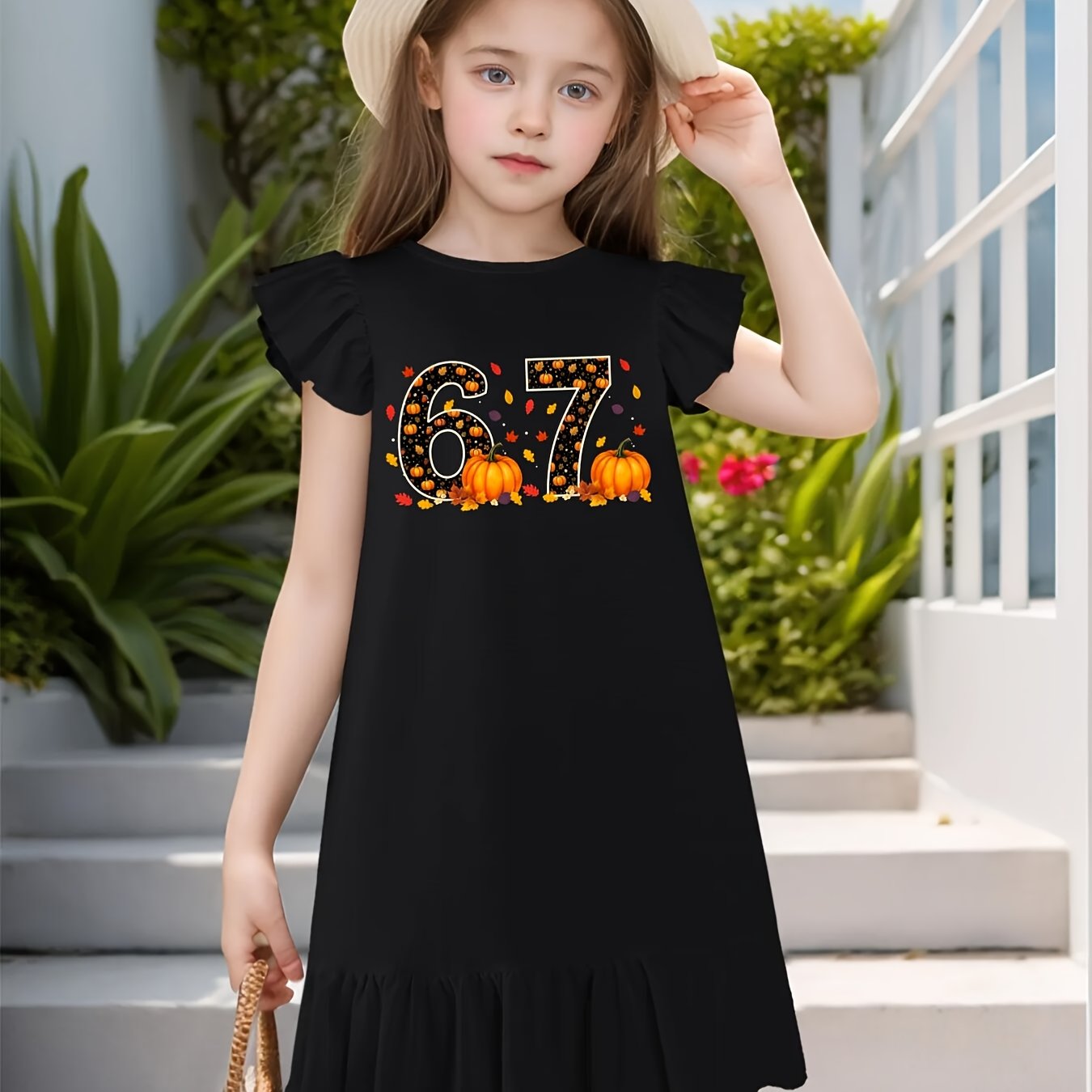 Girls Over 3 Years Sleeveless Flutter Sleeve Dress 67 Meme Detail Elastic Midsection Machine Washable Party Outfit