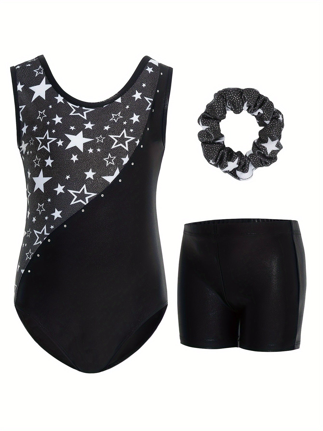 3pcs Gymnastics Leotards For Girls, Sleeveless Kids Dance Unitards Biketards With Shorts And Hair Scrunchie Eid Gifts For Kids, for Outdoor