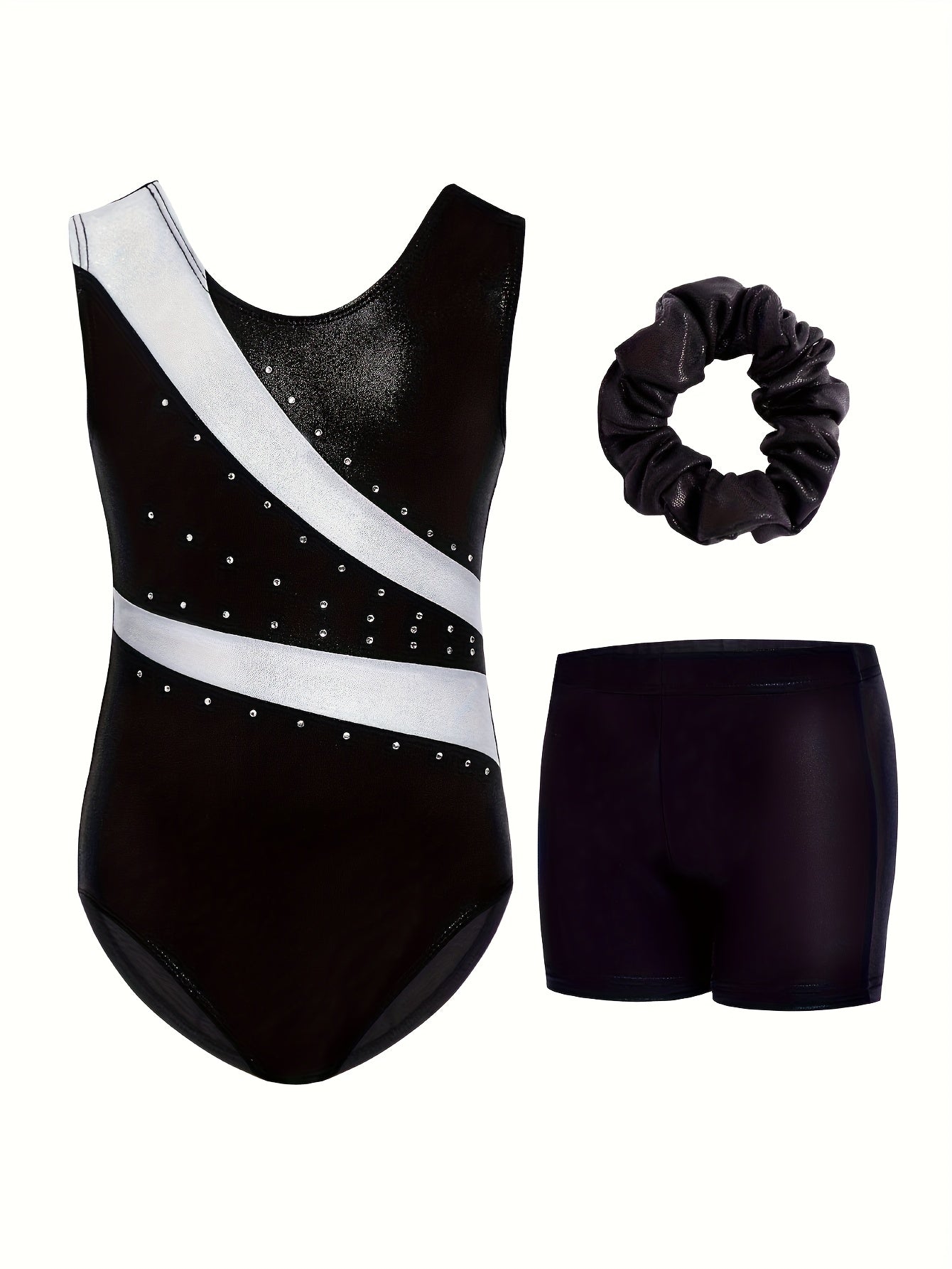 Girls Rhinestone Gymnastics Leotard Shorts Hair Tie Set 3 Piece