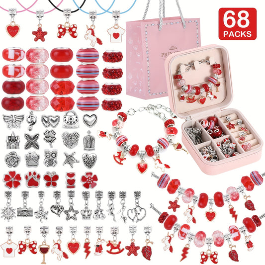 68 Pieces Red Beads And Bracelet Making Kit With Unicorn Love Theme DIY Jewelry Craft Portable Storage Box Gift