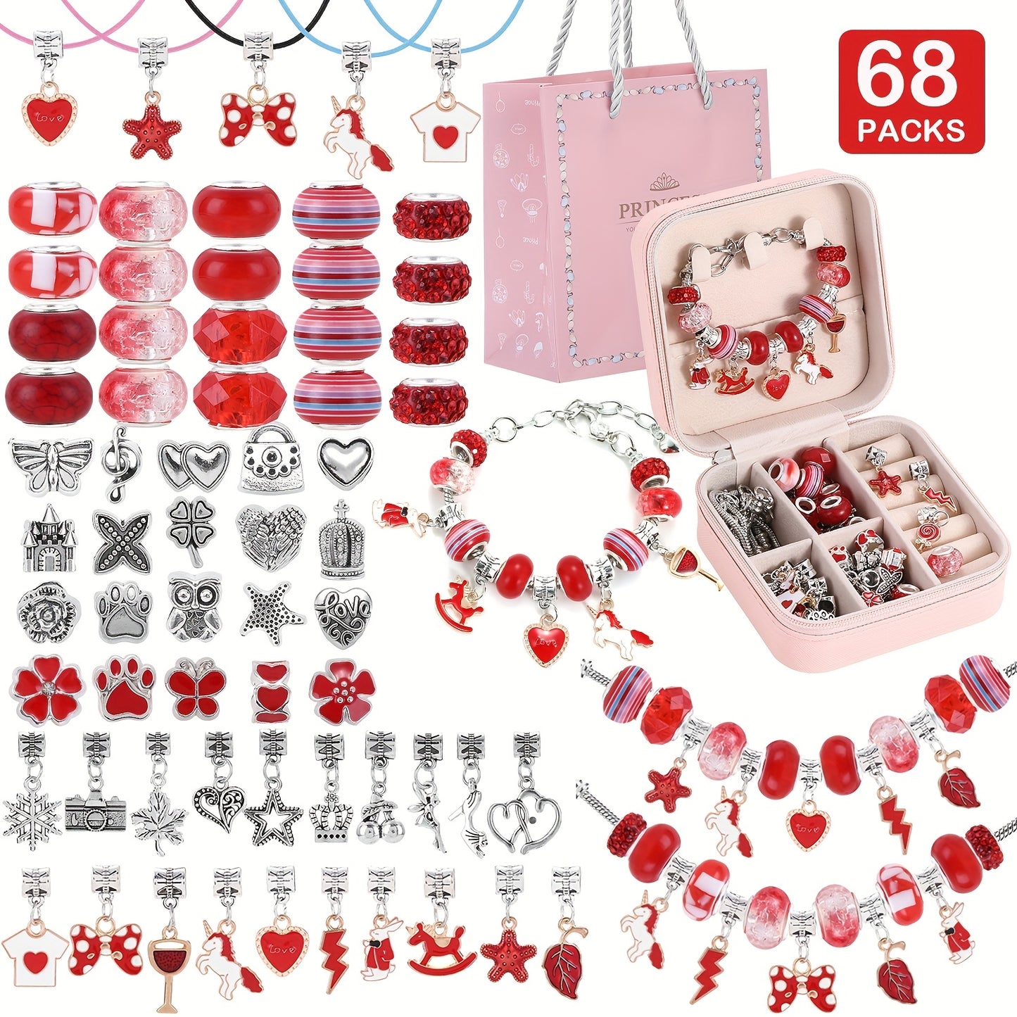 68 Pieces Red Beads And Bracelet Making Kit With Unicorn Love Theme DIY Jewelry Craft Portable Storage Box Gift