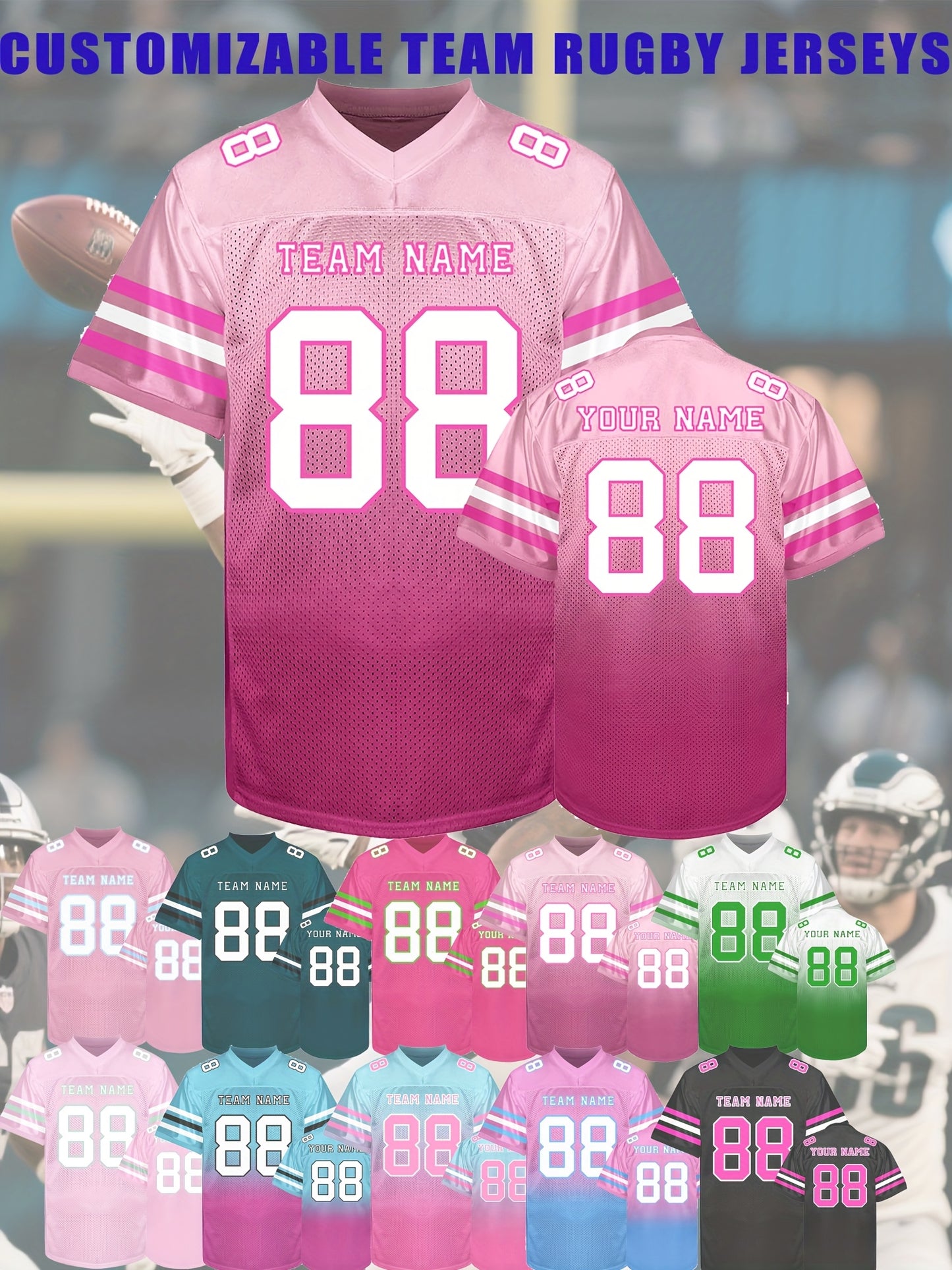 [Custom Rugby Jerseys] Custom Rugby Jerseys - Personalized Name, Number, Team - V-Neck Nylon Button Front - All-Season Comfort Fit - Custom Colors (Black/Pink/Teal/Green/) - for Men, Teams, Sports, Training, Parties, Casual W