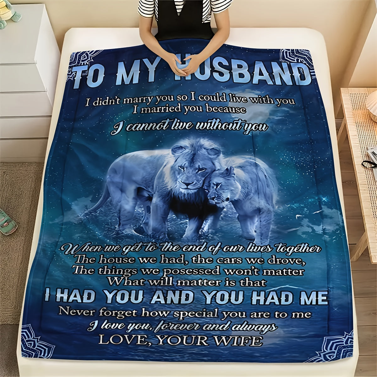 1pc Funny Marriage Blanket from Wife to Husband - Romantic Couples Gift with Love Messages, Heavyweight 280gsm Flannel Throw for Couch, Bed, Office, Camping - All-Season Soft Warmth - Birthday, Anniversary, Wedding Present -