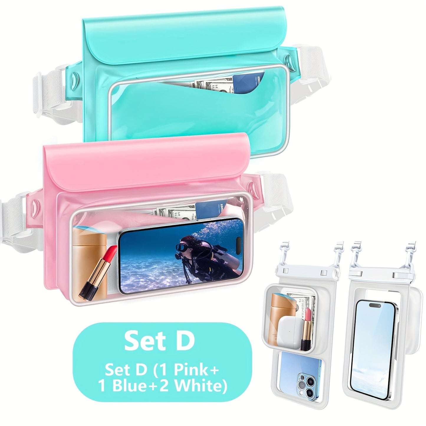 RYNAPAC Waterproof Waist Bag With Adjustable Waistband Double Compartment Fits Up To 7.5 Inches For Galaxy Phones Beach