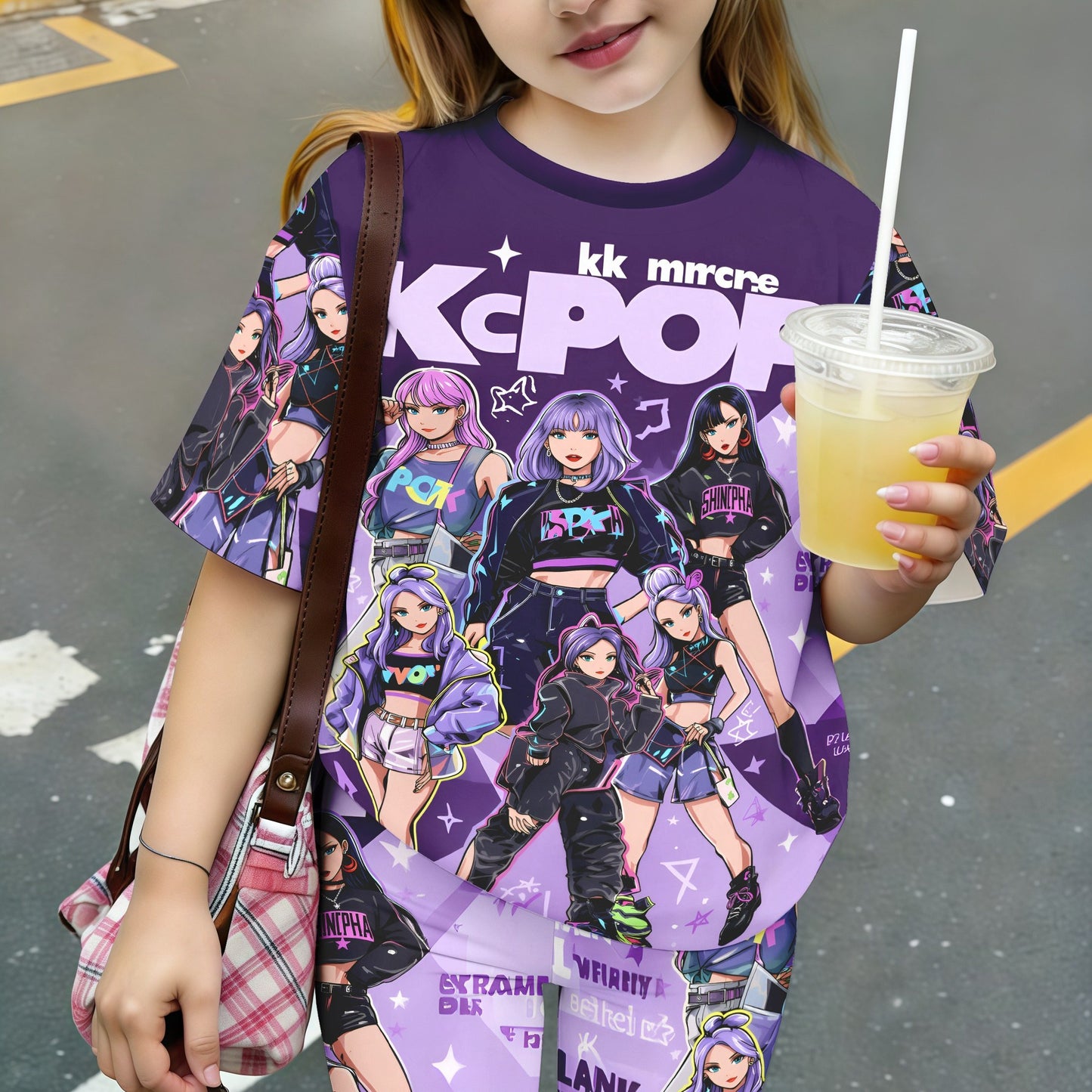 Girls 2Pc Polyester Print Short Sleeve and Shorts Set