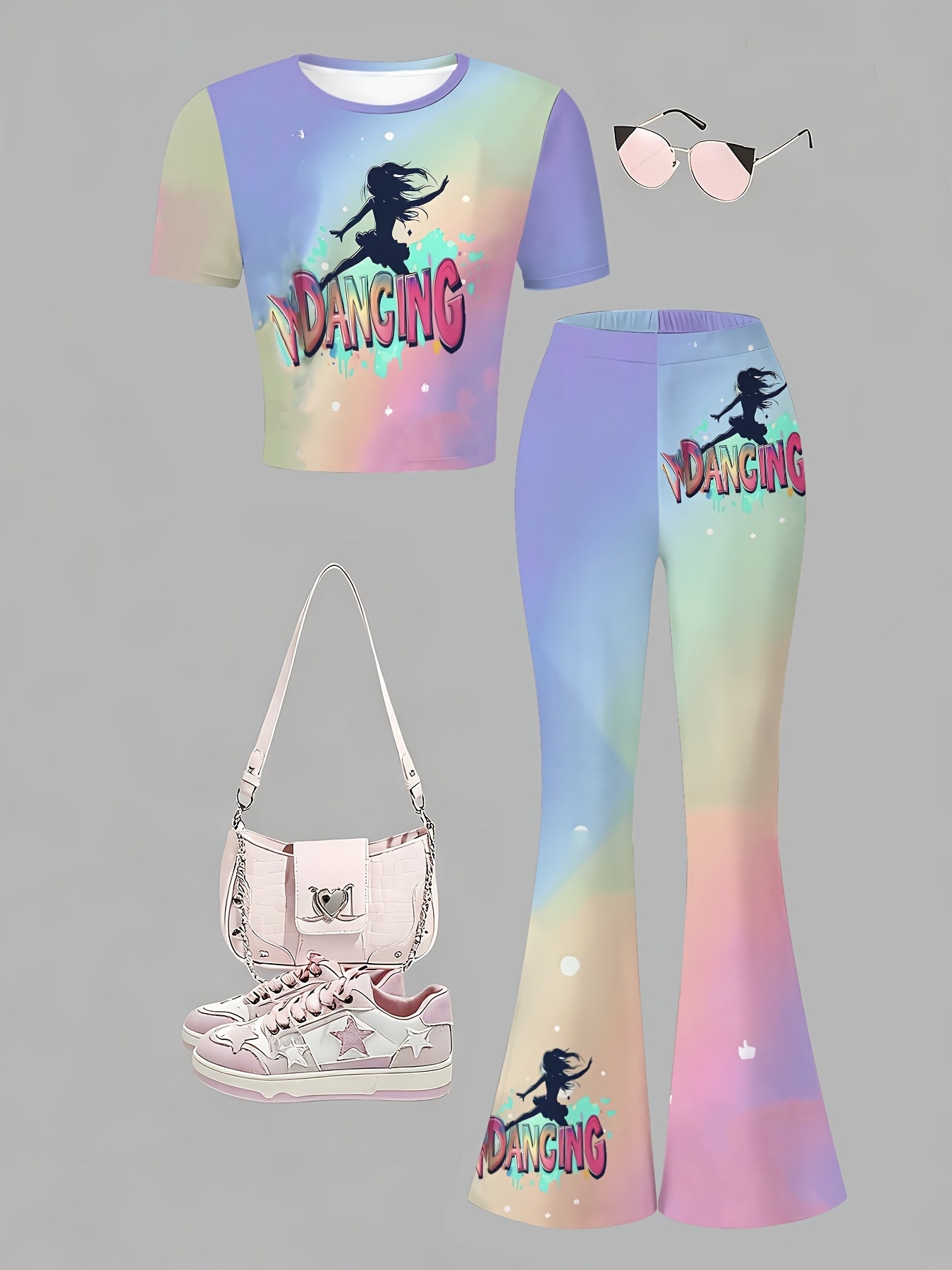 Girls Two Piece Short Sleeve Top and Flared Pants Set