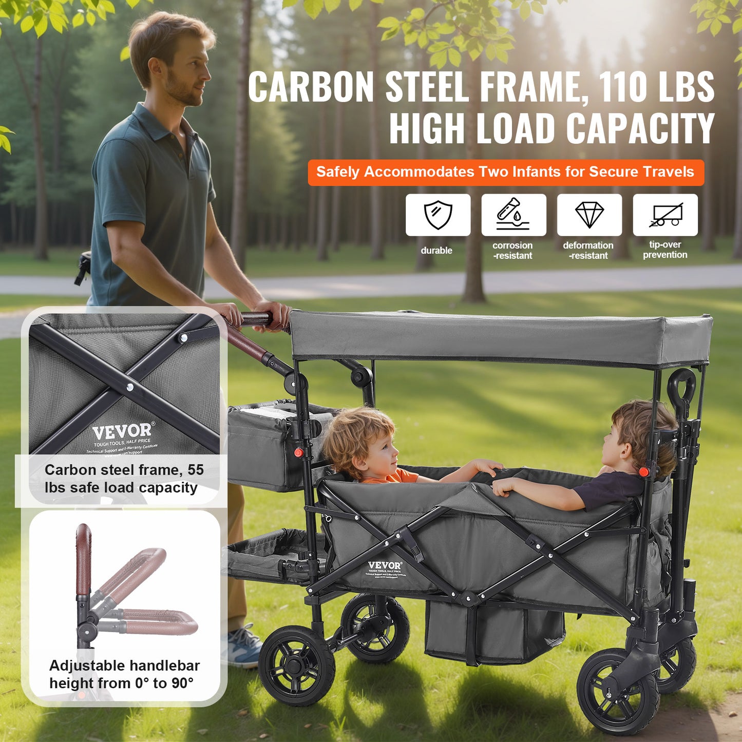 VEVOR Tandem Stroller For 2 Kids Adjustable Handle Canopy