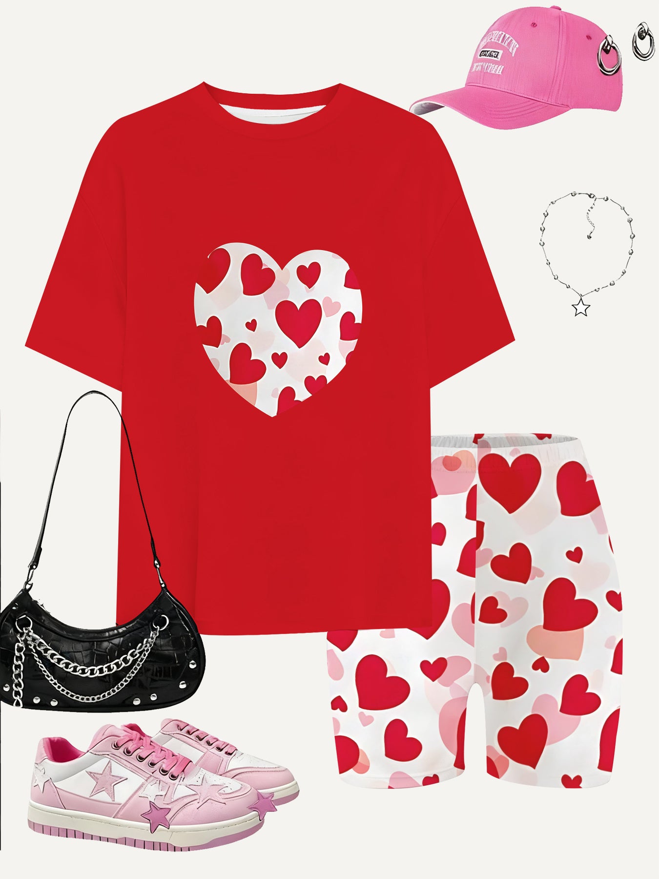 Girls Fashion Shorts Set With Heart Print For Outdoor Play