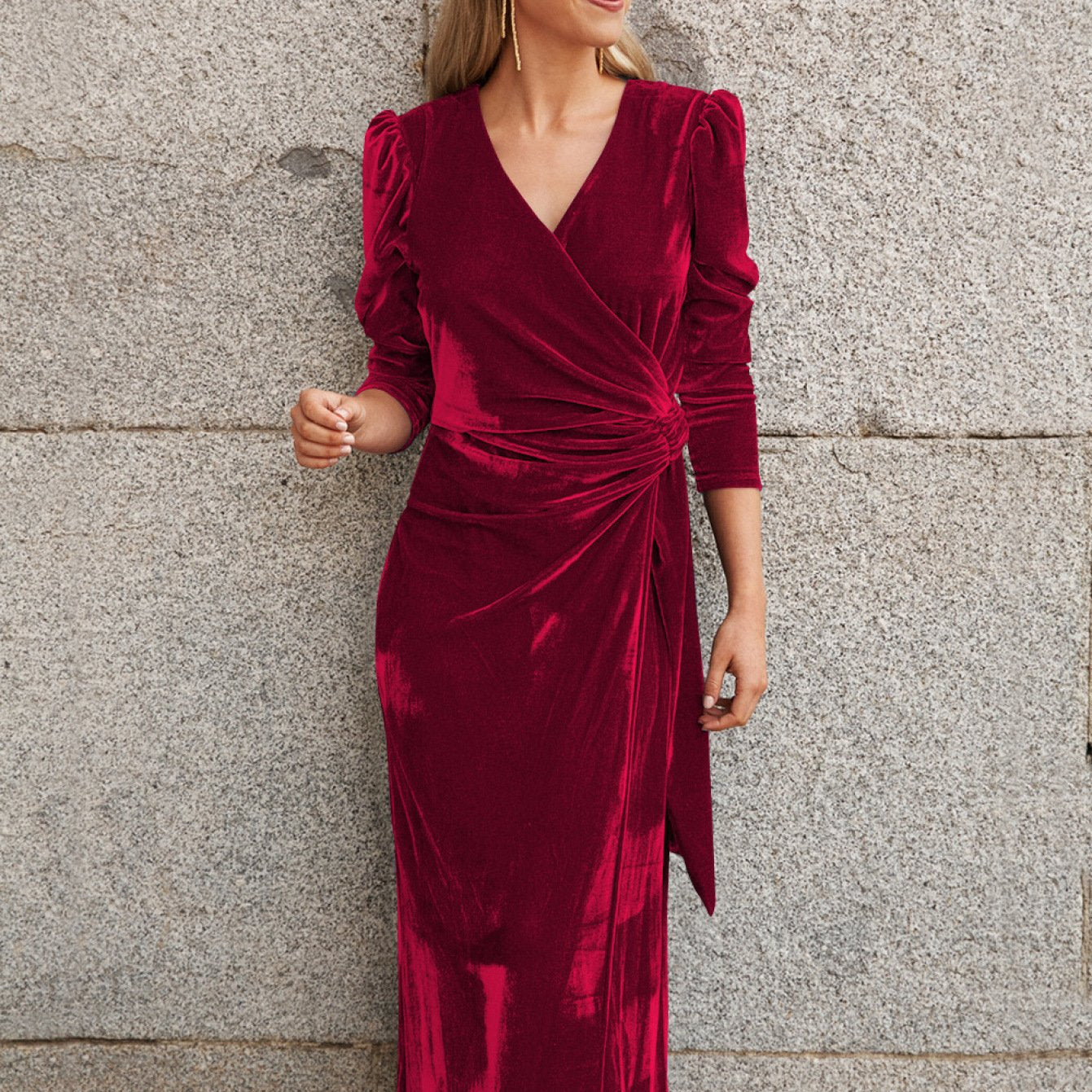Women'S Elegant Long-Sleeved Evening Dress | French V-neck, Golden, Summer, Bodycon Fit