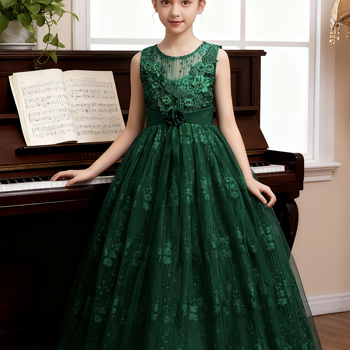 Girls Princess Gown Sleeveless 3D Lace Embroidery Maxi Dress