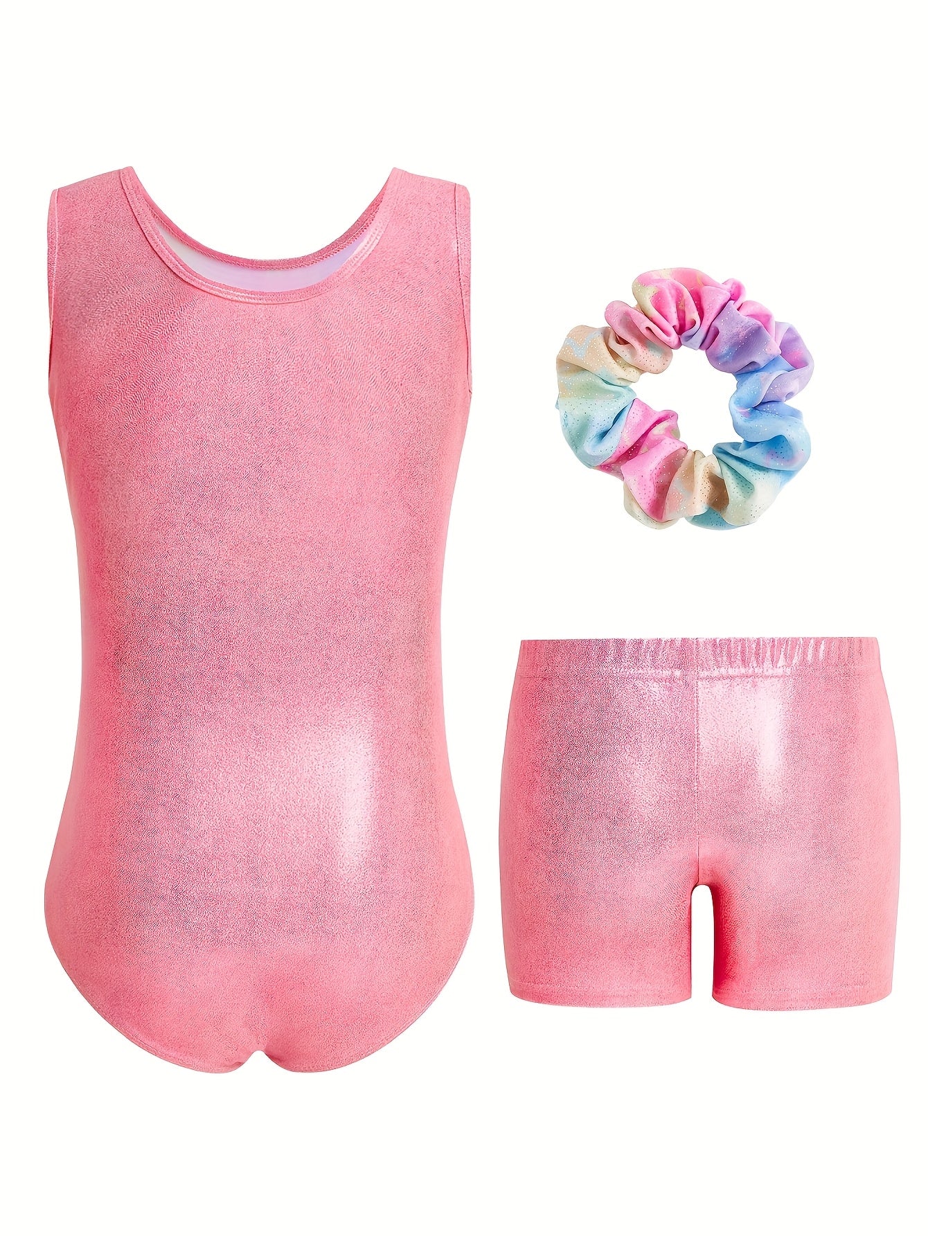 3pcs Gymnastics Leotards For Girls, Sleeveless Kids Dance Unitards Biketards With Shorts And Hair Scrunchie Eid Gifts For Kids, for Outdoor