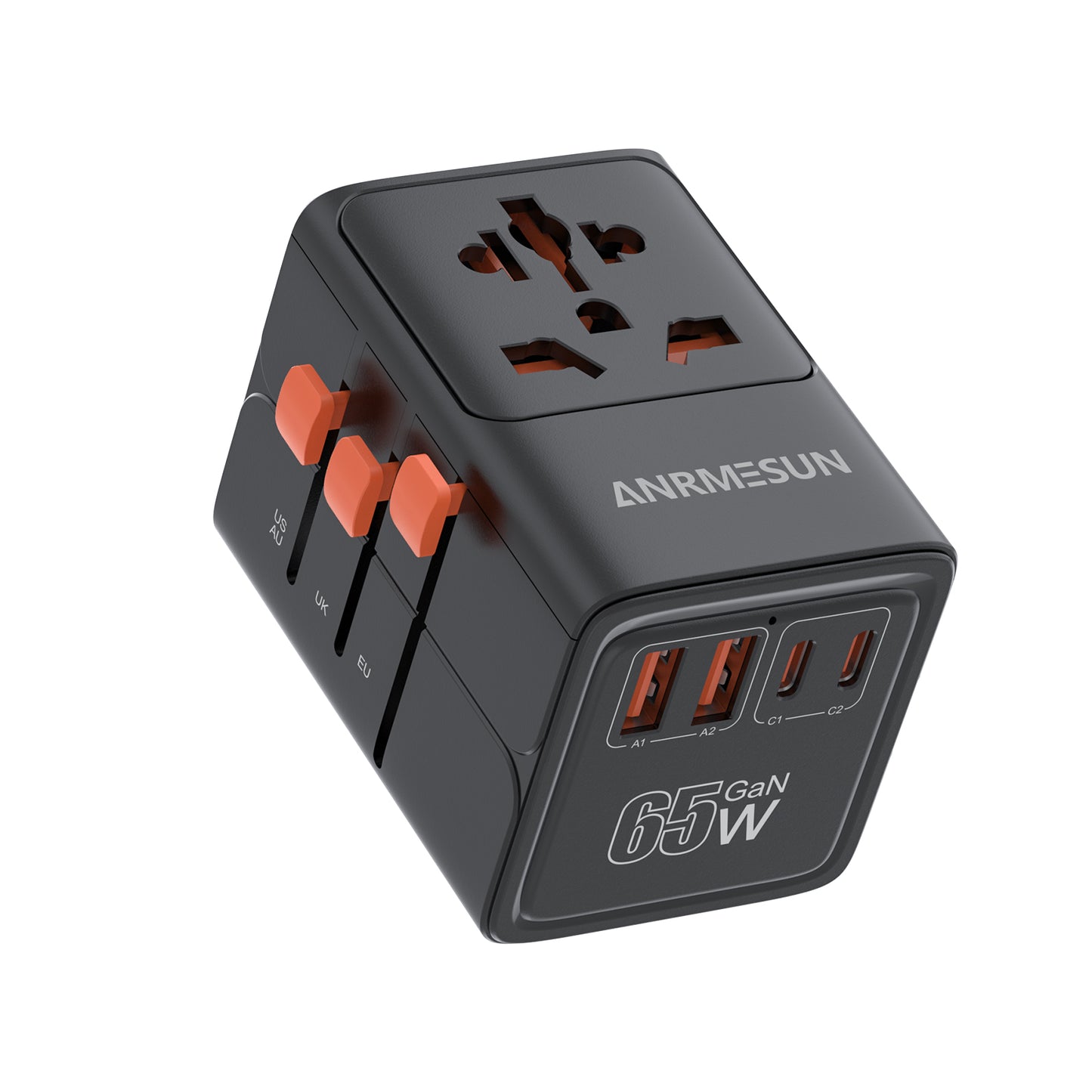 ANRMESUN 65W Travel Adapter with 4-Port USB Charger (2 USB-C) & Global Voltage 100-240V - Heavy Duty Power Adapter with US/EU/UK/AU Plugs, Compact Cube Design, Overload & Short Circuit Protection, Compatible with Europe, UK,
