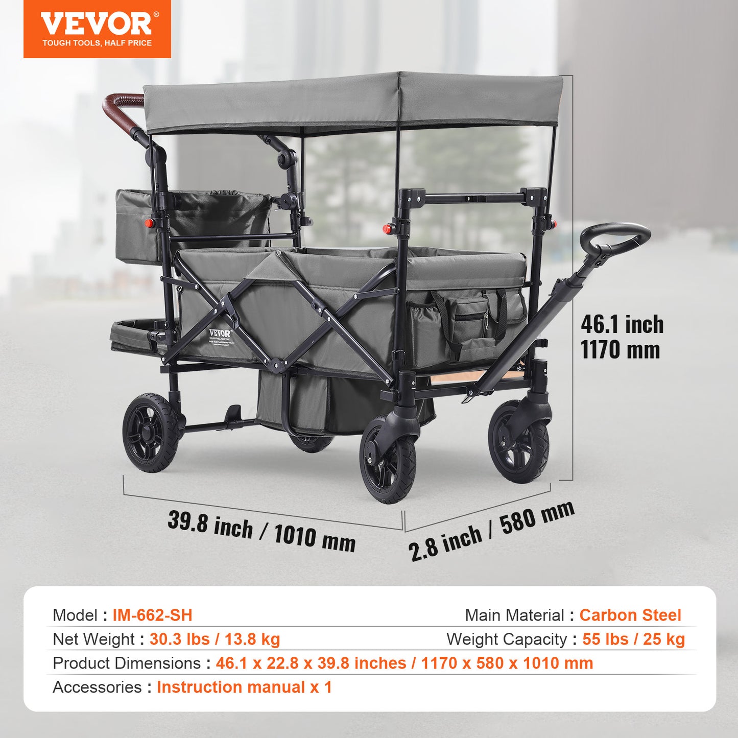VEVOR Tandem Stroller For 2 Kids Adjustable Handle Canopy