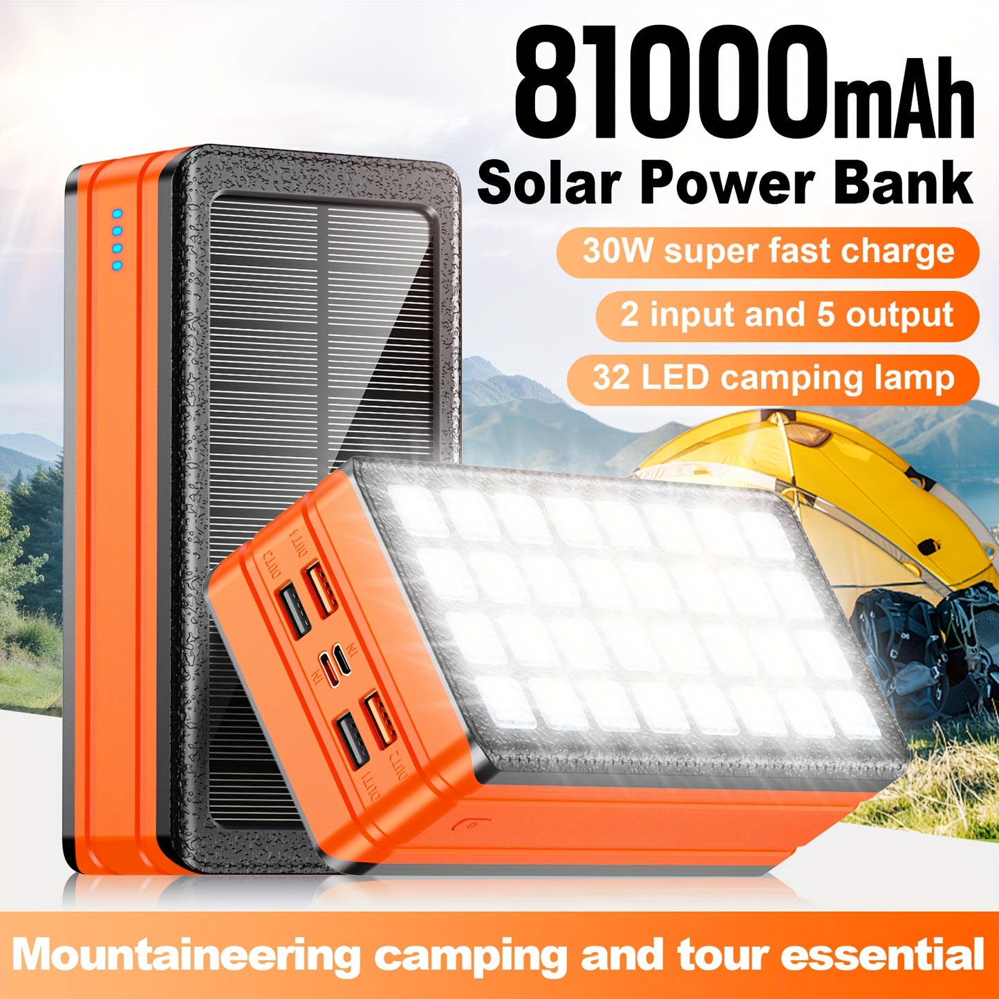 81000mAh Solar Power Bank With 32 LED Flashlight And Solar Charging 30W Fast Charger For Camping And Outdoor Survival