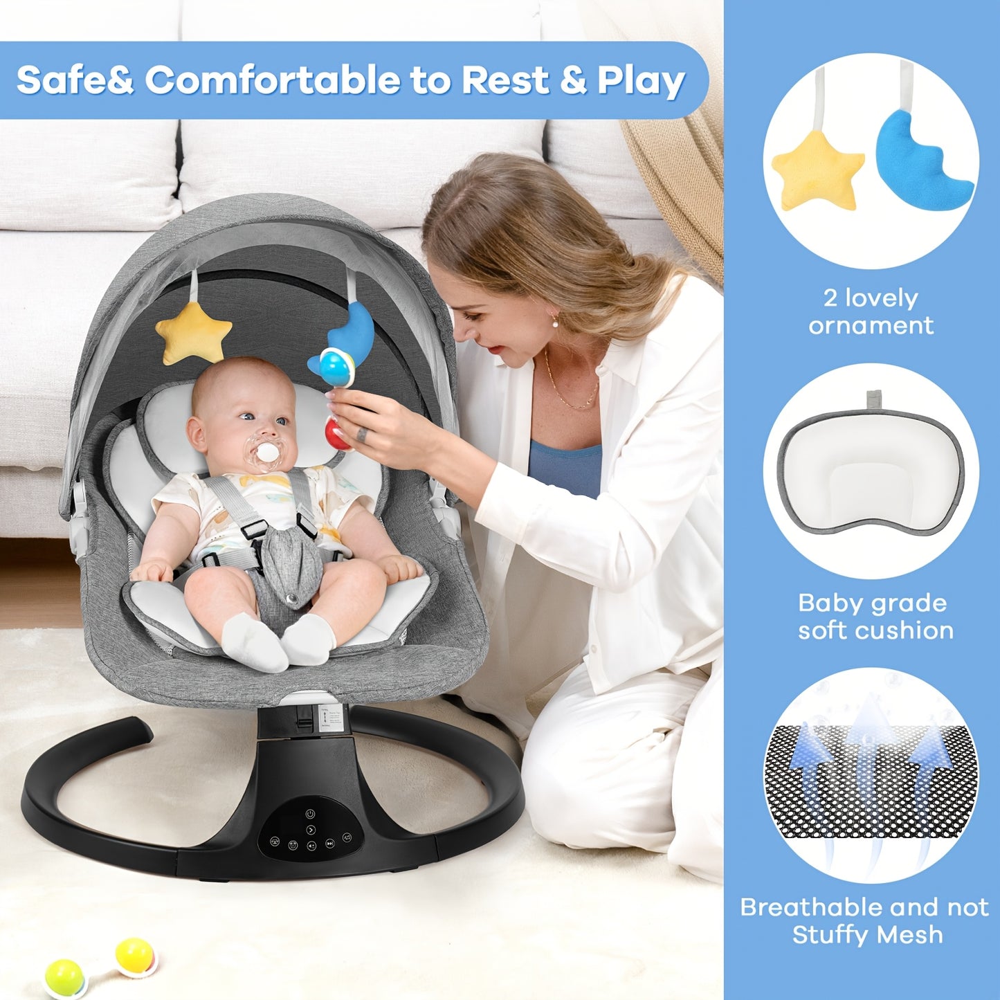Baby Swing With 5 Speeds, Lullabies, 15-Point Safety Belt