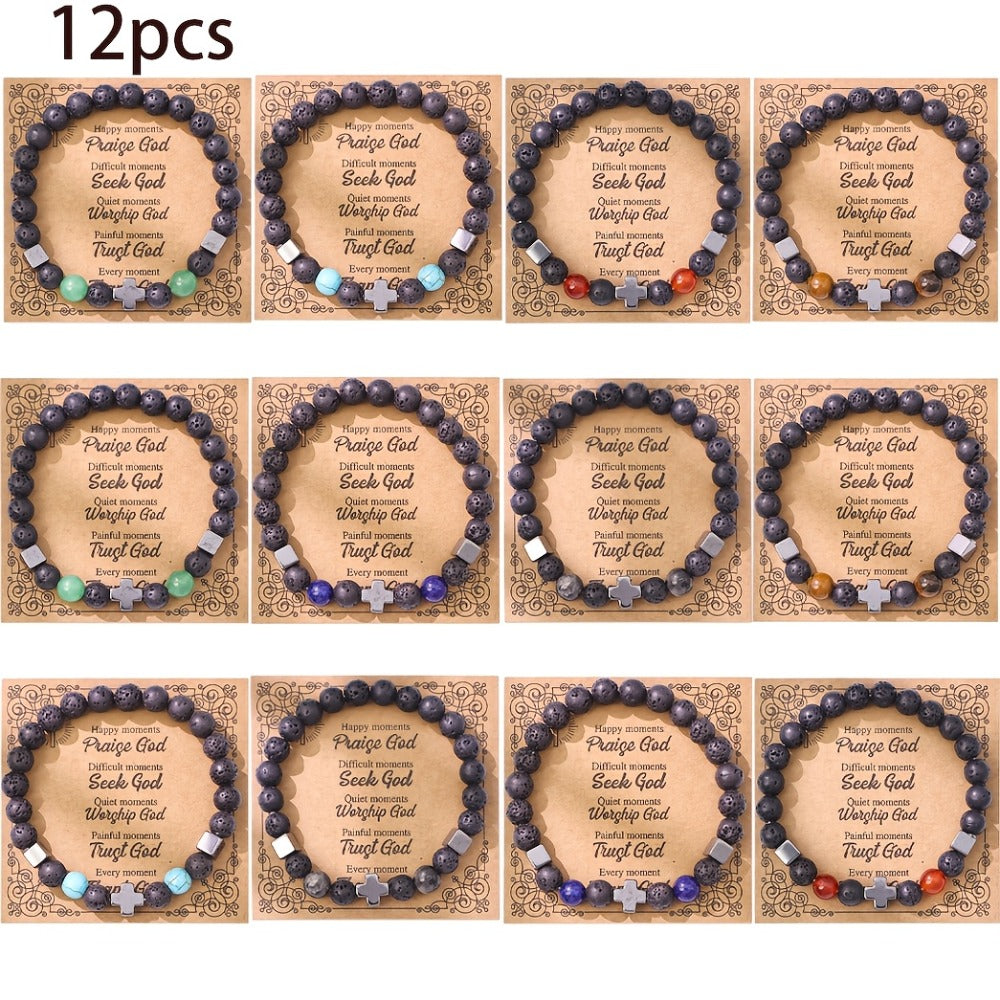 Natural Stone Beaded Christian Bracelet Set With Cross Charms