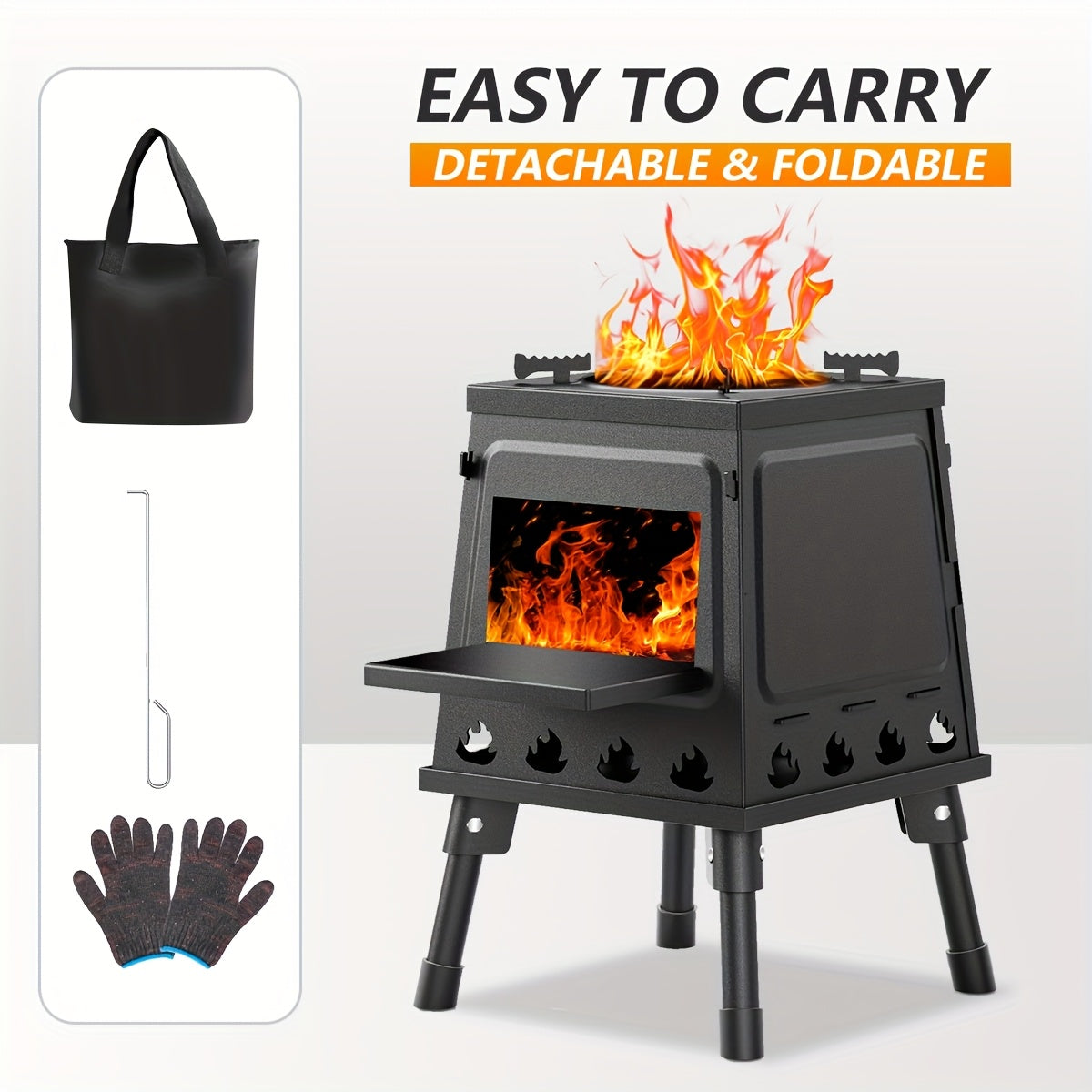 Portable Cast Iron Wood Burning Camp Stove - Heavy-Duty Outdoor Cookstove & Heater with Chimney Design, Air Vents & Sturdy Legs for Camping, Hiking, Picnic, BBQ - Firewood/Charcoal Compatible, No Electricity/Flint/Magnesium N