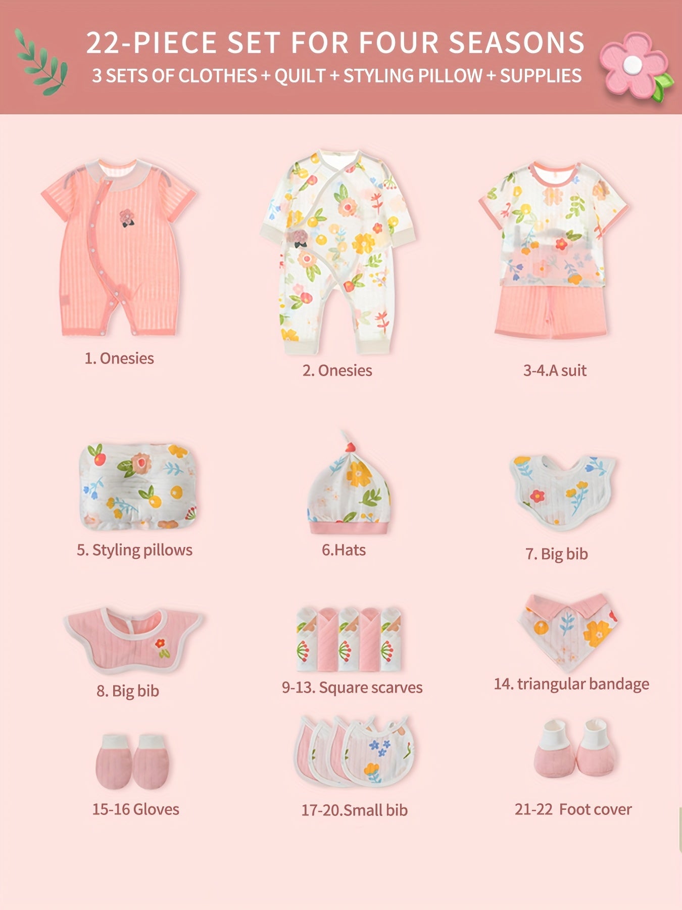 Baby Girl Clothes + Newborn Daily Necessities Complete Set, Total 22pcs, 3 Sets Of Clothes + Hat + Bib + Pillow + Hand And Foot Covers + Bibs, Baby Items, Baby Full Moon Autumn Long Sleeve Suit, Baby Romper, Local Warehouse,