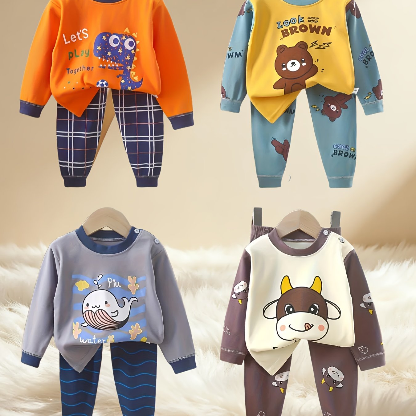 4 Sets Of 8pcs Long-sleeved Shirts And Long Pants for Boys In Autumn And Winter, Animal-printed T-shirts And Kids' Long Pants, Pure Cotton Soft And Comfortable Boys' Sets for Home Wear, Perfect for Outdoor