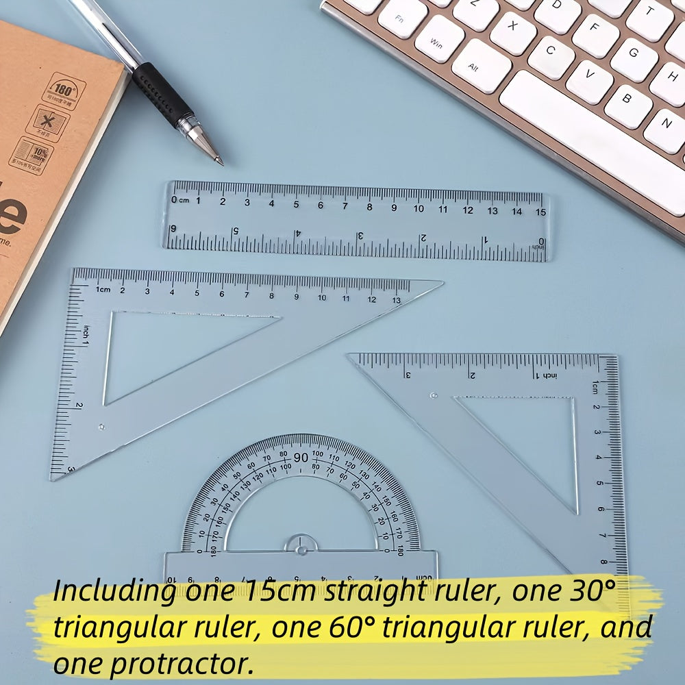 4pcs set of transparent plastic rulers, a geometric figure set, with inch and metric measurements, suitable for teaching and office use.
