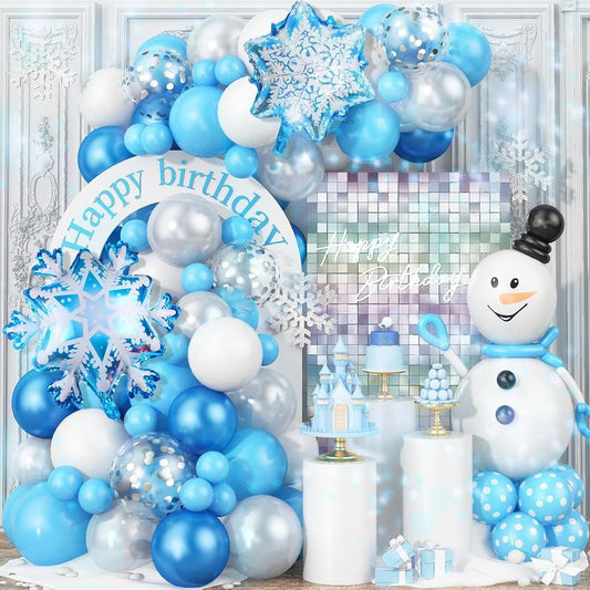 Winter Wonderland Balloon Arch, Blue Silvery White Balloon Garland Kit with Foil Snowflake Balloons Metallic Blue Snowman Balloons for Girls Winter Birthday Christmas Ice Theme Party Decorations