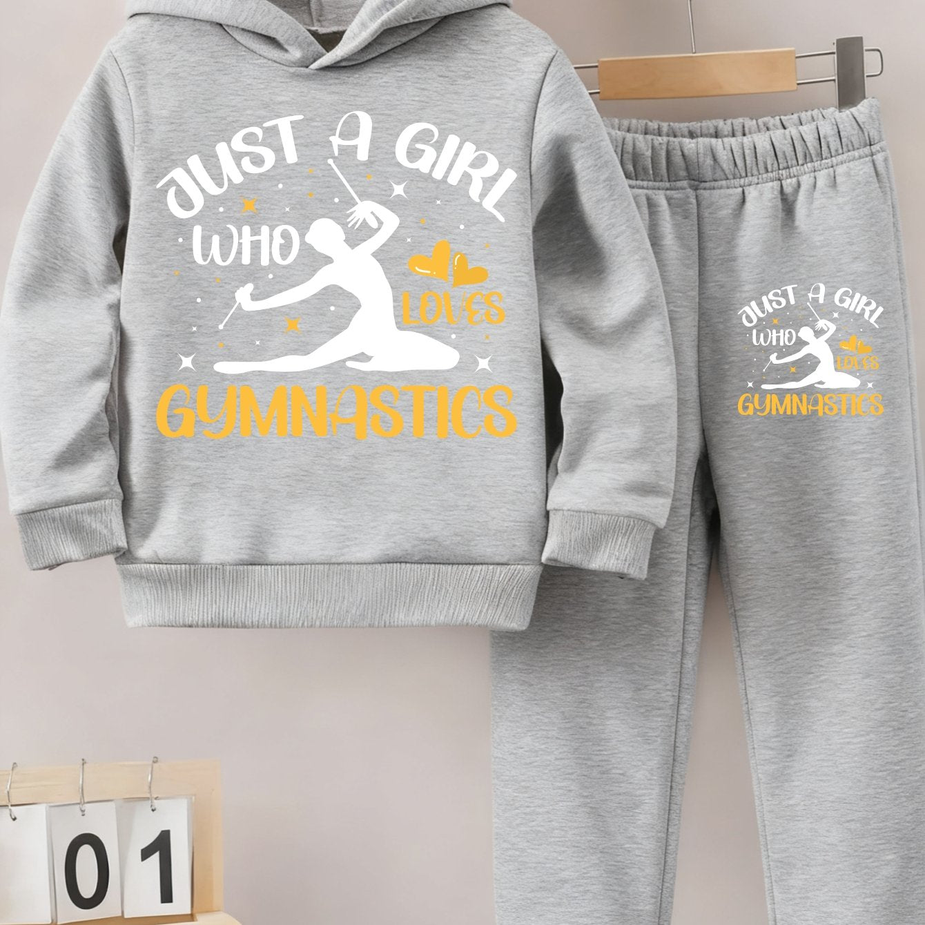 Girls Hoodie and Pants Set Black Just A Girl Who Loves Gymnastics Print Casual Outfit for Gymnastics Practice and Daily Wear, Perfect for Outdoor