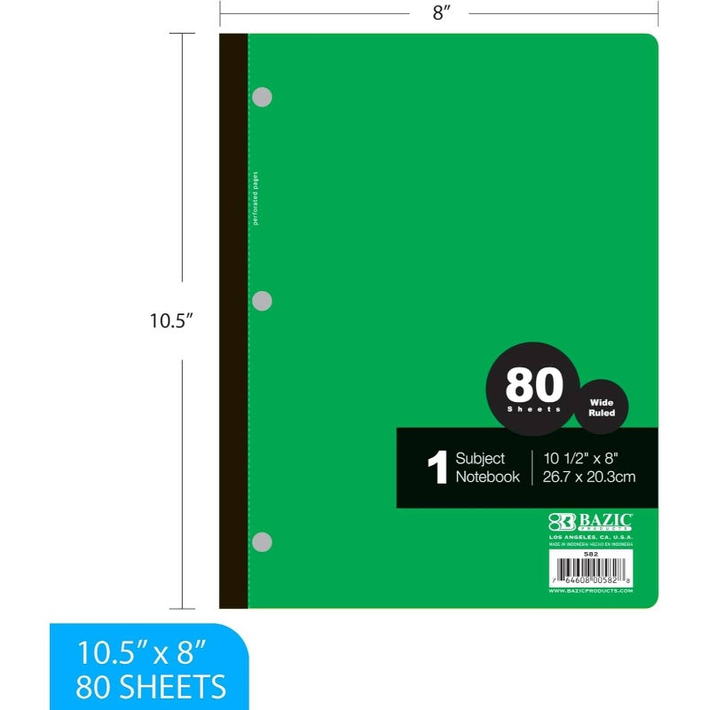 Notebook Wide Ruled 1 Subject 80 Sheets Wireless Notebooks, 3 Punched Holes Lined Composition Book, Assorted Color, 24 - Pack