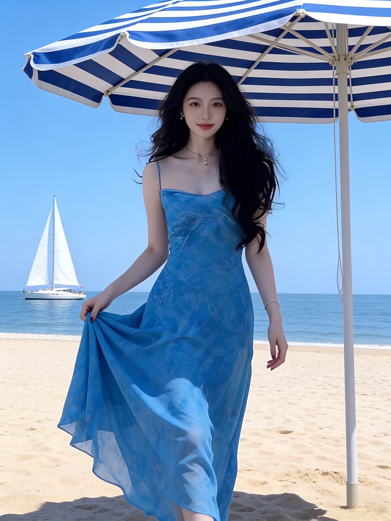 Women's Summer Gorgeous Blue Floral Halter Dress, Elegant Waist-Cinched Slim-Fit Beach Vacation Style