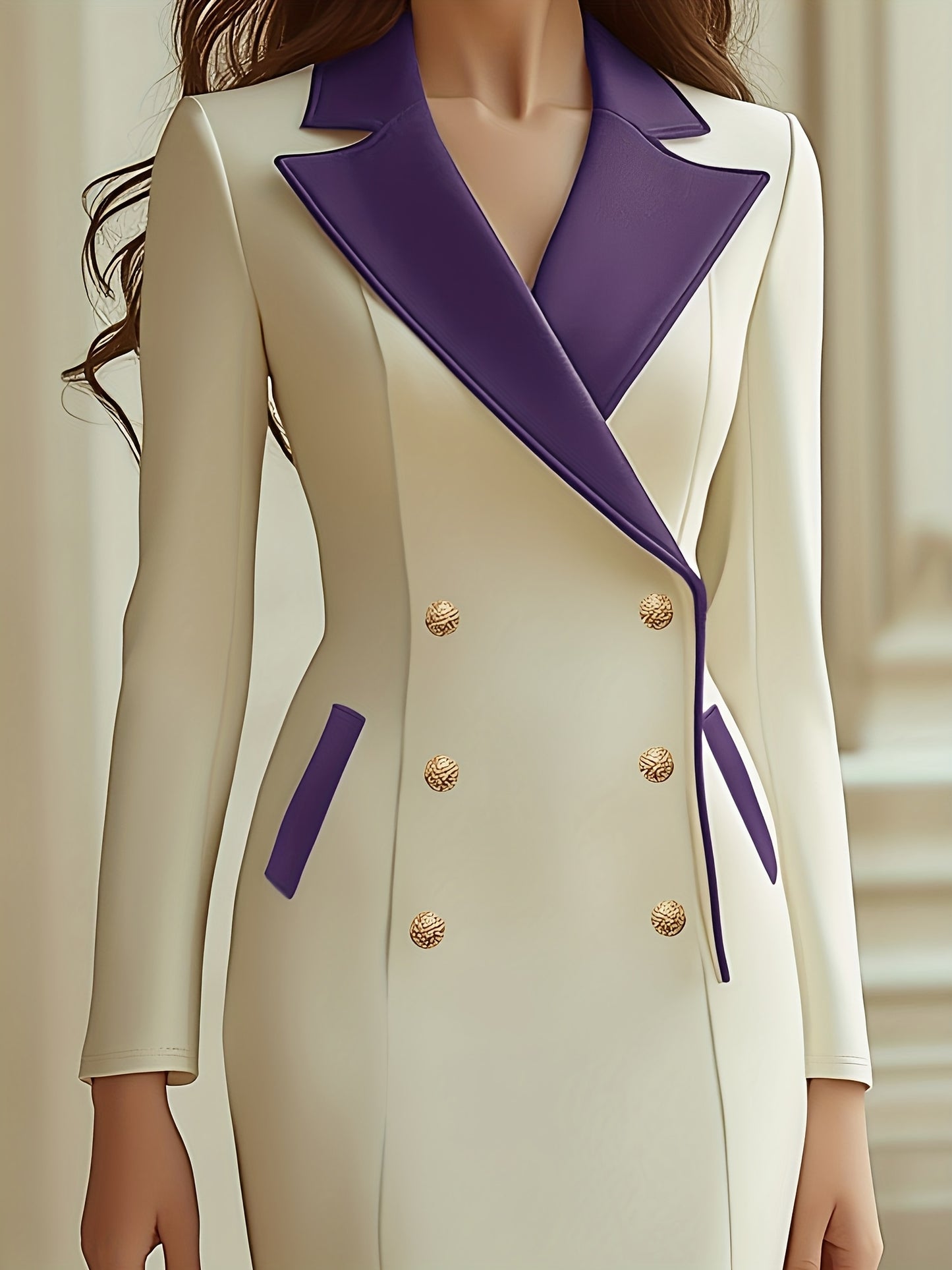 Cream Hued Double Breasted Dress With Mid Length Contrasting Collar Color Block Design Retro Chic Office Wear For Spring Or Fall