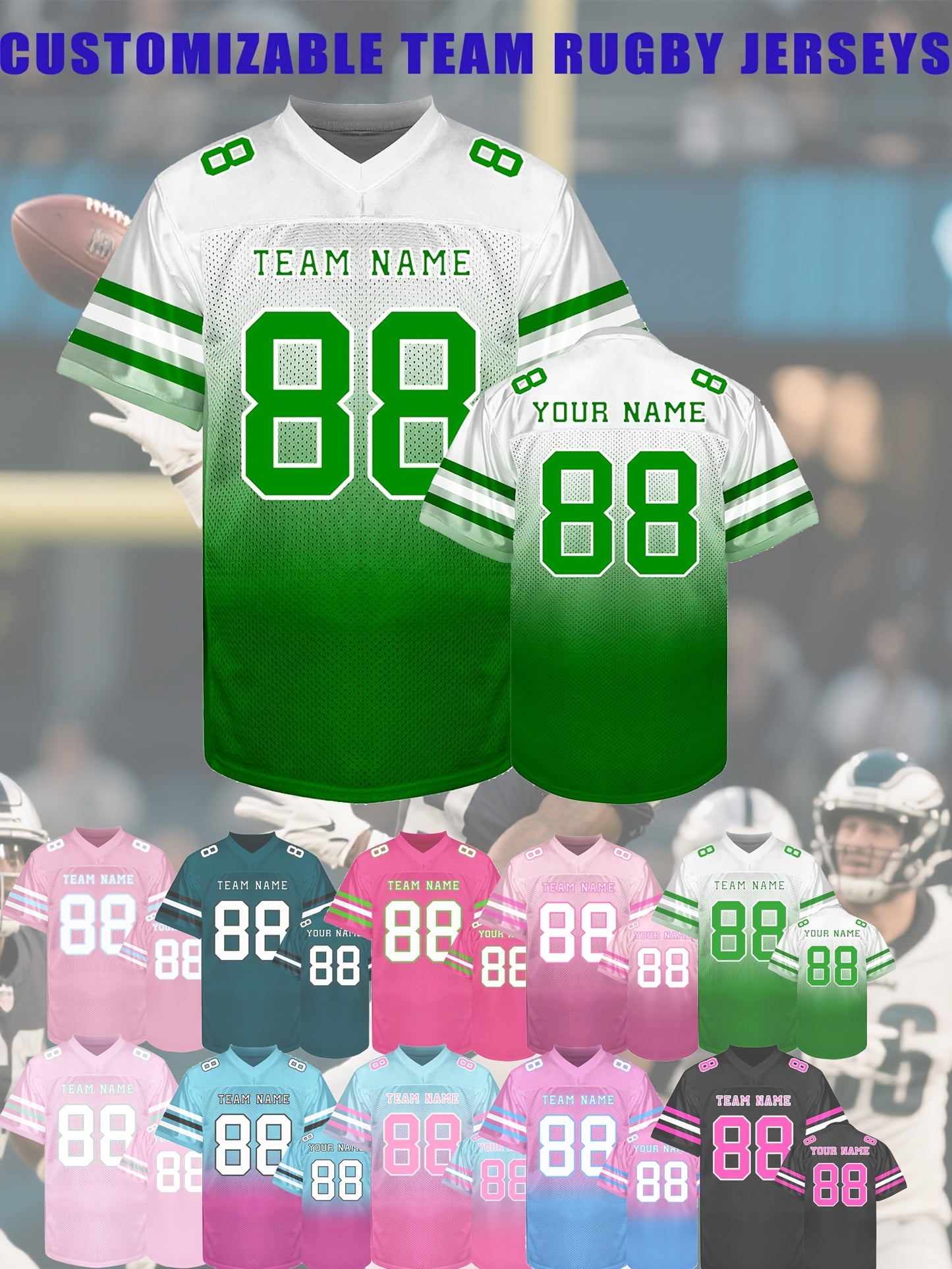 [Custom Rugby Jerseys] Custom Rugby Jerseys - Personalized Name, Number, Team - V-Neck Nylon Button Front - All-Season Comfort Fit - Custom Colors (Black/Pink/Teal/Green/) - for Men, Teams, Sports, Training, Parties, Casual W