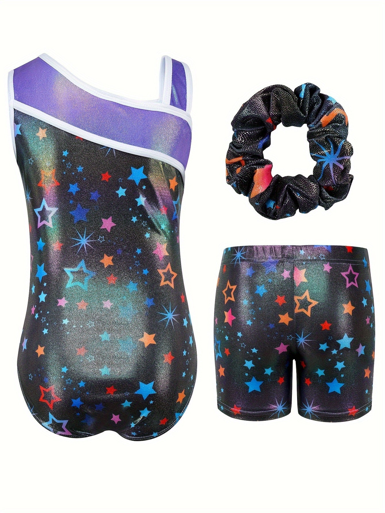3pcs Gymnastics Leotards for Girls, Youngsters Sleeveless Y-neck Glitter Stars Dance Unitards Biketards with Shorts + Hair Scrunchies Purple, Cute Gymnastics Outfits for Girl, for Outdoor, Perfect for Outdoor