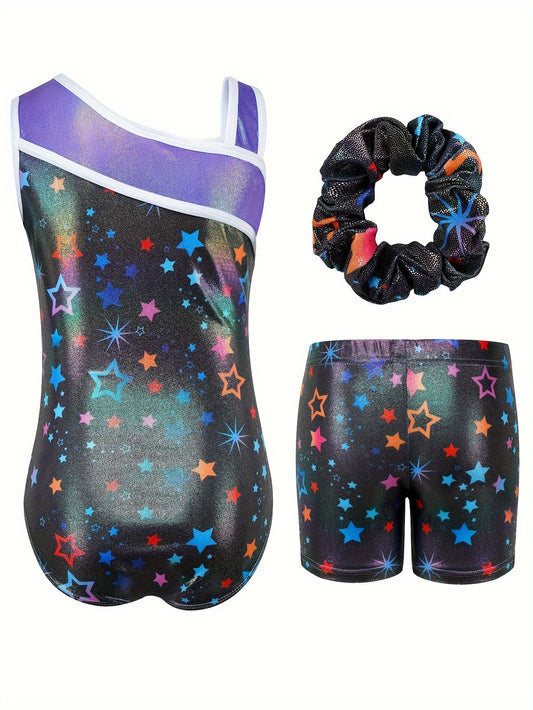 3pcs Gymnastics Leotards for Girls, Youngsters Sleeveless Y-neck Glitter Stars Dance Unitards Biketards with Shorts + Hair Scrunchies Purple, Cute Gymnastics Outfits for Girl, for Outdoor, Perfect for Outdoor
