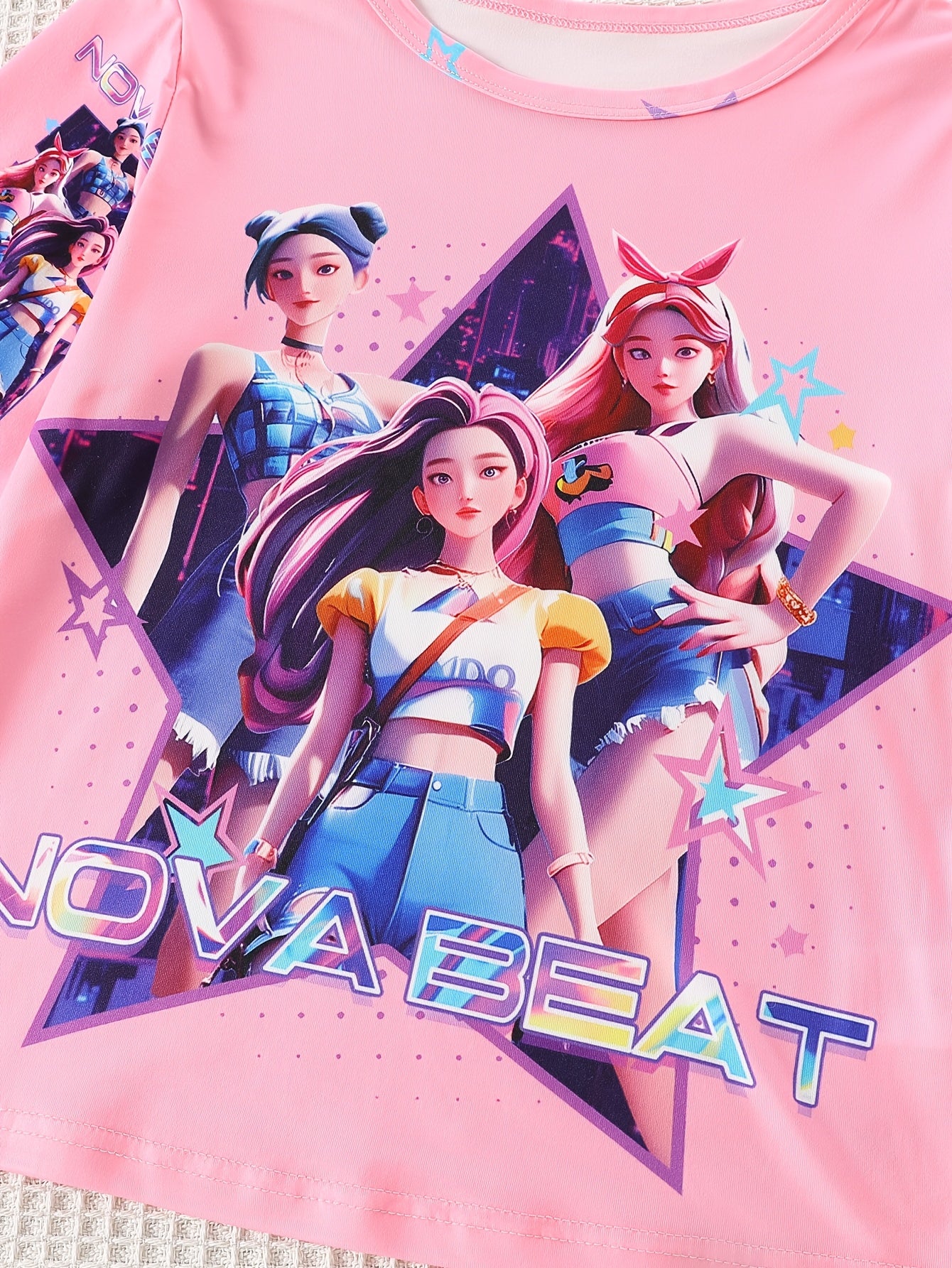 Girls Kpop Style Print Home Wear Set Crew Neck Short Sleeve T Shirt And Shorts