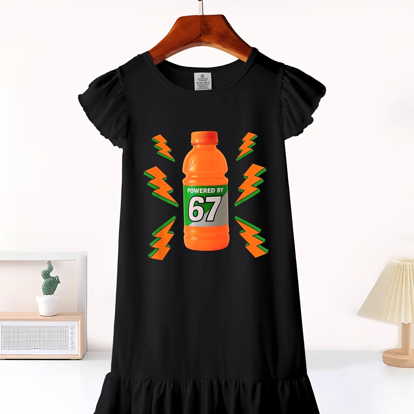 Girls Midi Cotton Dress With Flutter Sleeves Number Theme Applique Gen Alpha Logo Round Neck Machine Washable