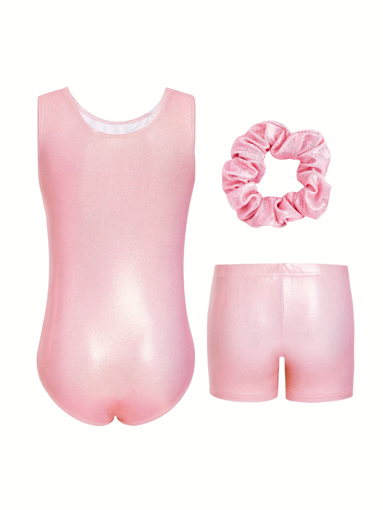 Girls Rhinestone Gymnastics Leotard Shorts Hair Tie Set 3 Piece