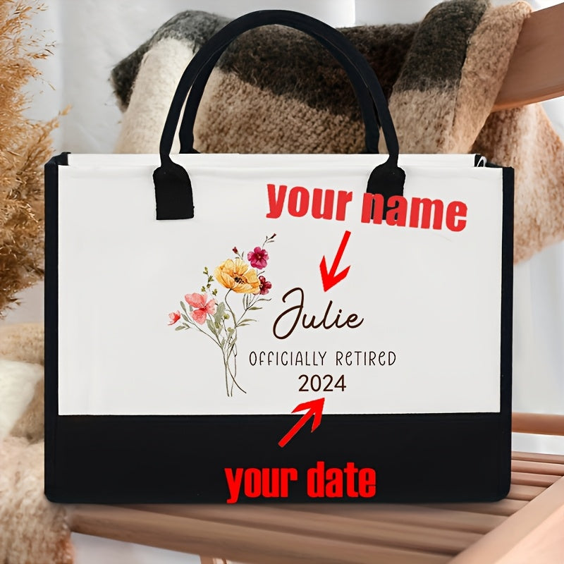 1pc Personalized Retirement Tote Bag - Custom Name & Date Floral Design Durable Polyester Beach Bag, Hand Washable Gift for Grandma, Retired Women, Retirement Party