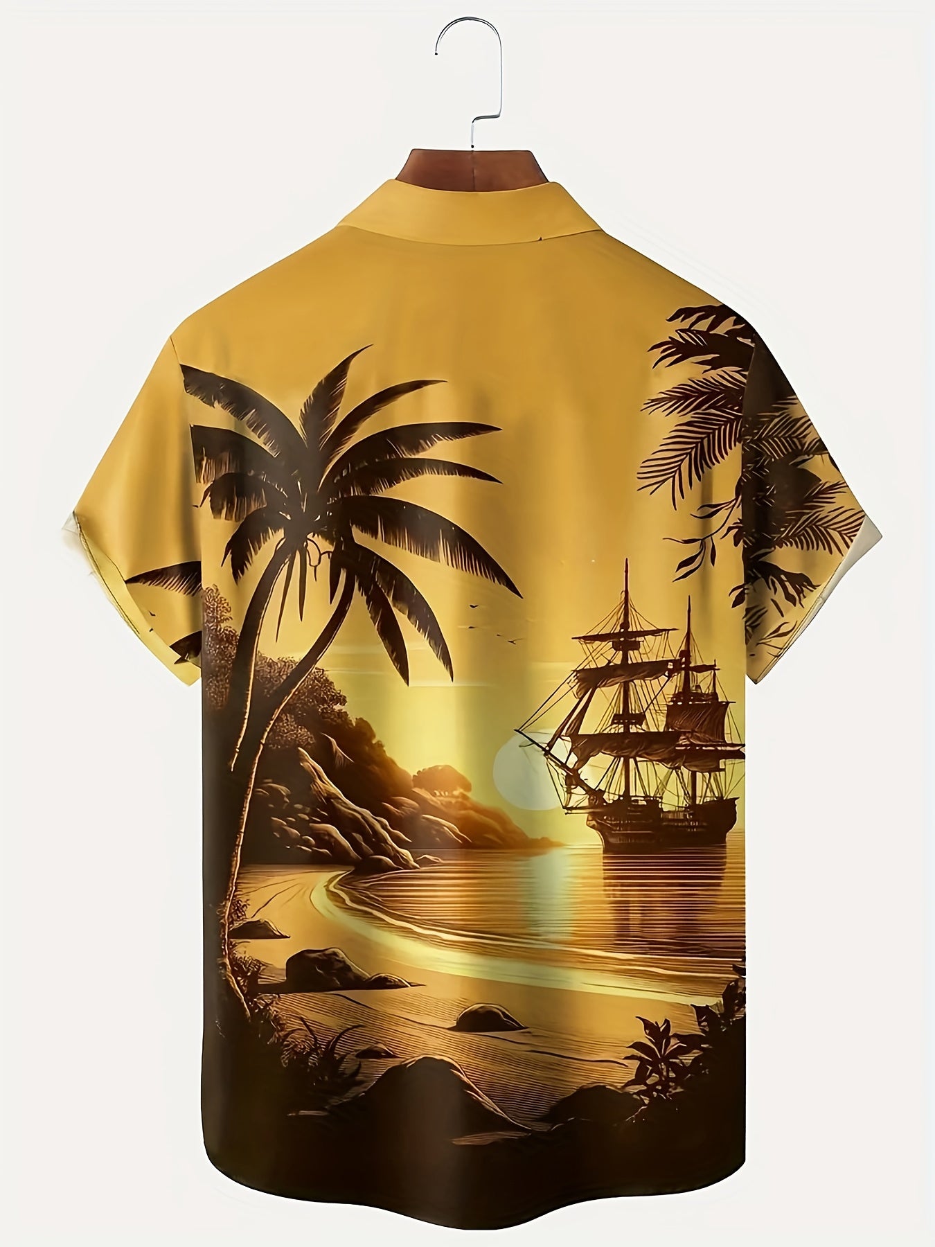 Men'S 3D Printed Tropical Sunset Sailboat & Hawaiian Beach Scene Short Sleeve Shirt - Vibrant Palm Tree & Ocean Print, Breathable, Chest Pocket, Casual Button-Front Closure, All-Season Comfort, Ideal for Summer Vacation & Bea